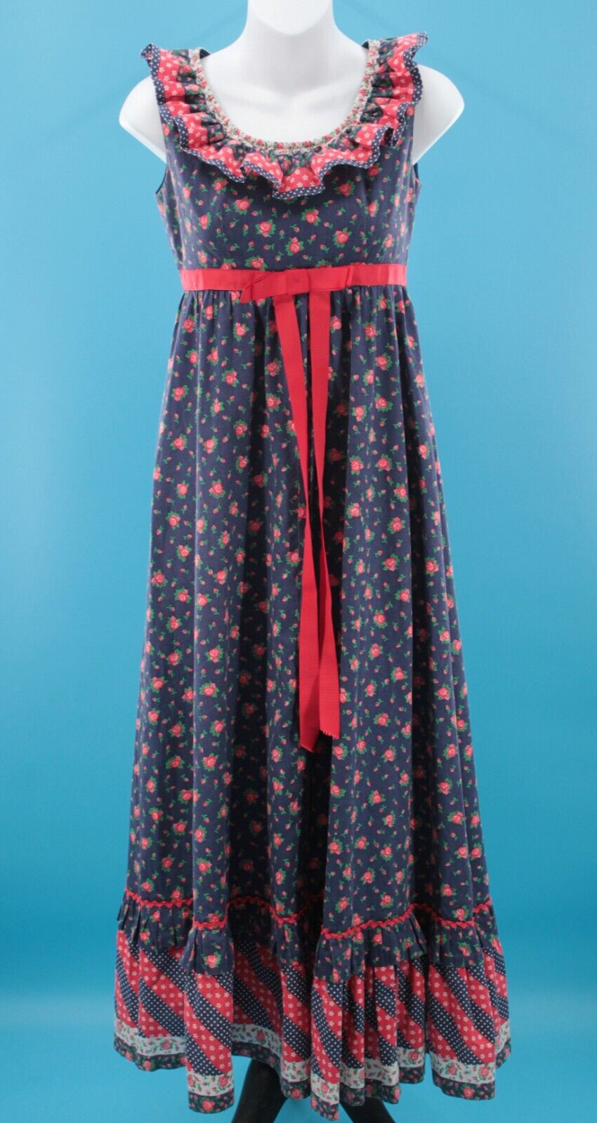 VTG Women’s 60s Navy & Red Floral Ribbon Trim Ruffle Maxi Dress Sz XS/S 1960s