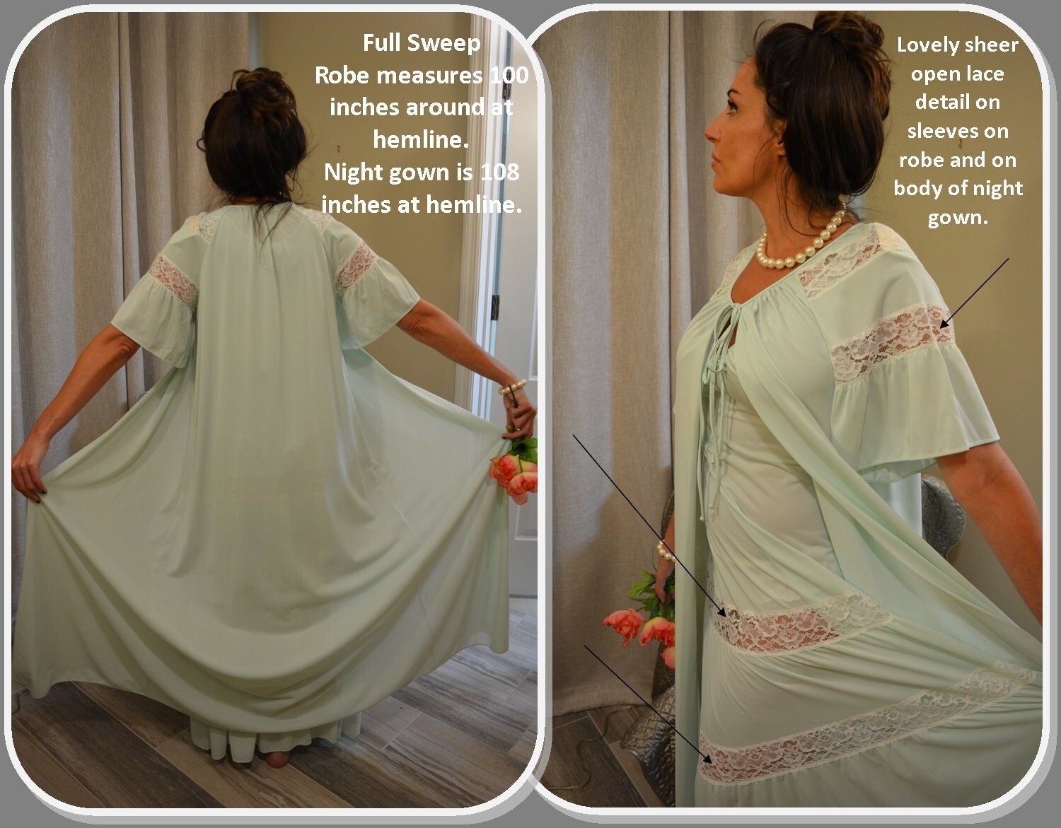 UNWORN Shadowline Mint Green Peignoir Set, Robe, Nightgown, White Lace, Full Swe