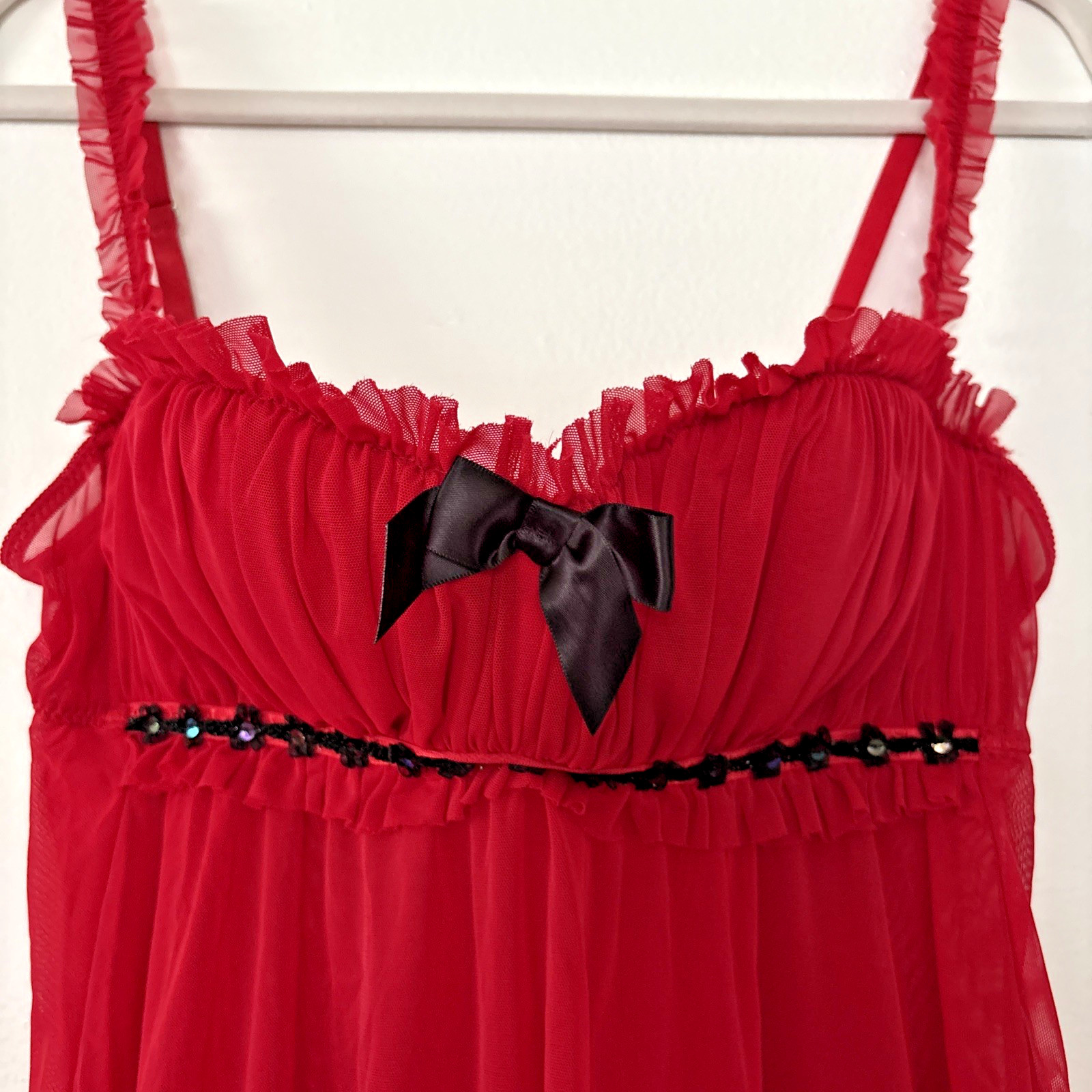 Vtg Fredericks of Hollywood L BabyDoll Slip Sheer Red Lace Coquette Burlesque