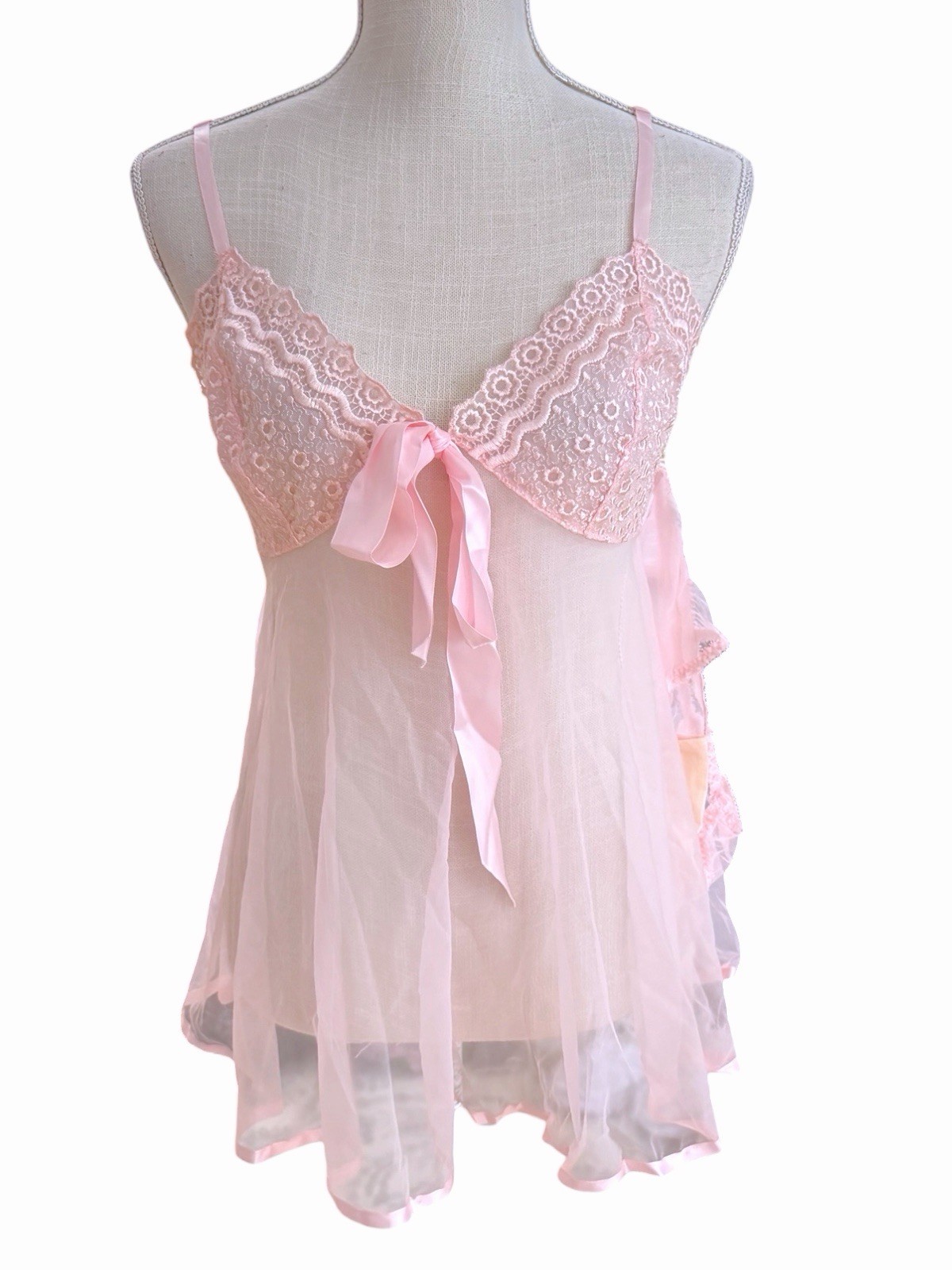 Vtg Frederick’s of Hollywood Pink Lace Babydoll Slip & Pantie Set Medium NWT