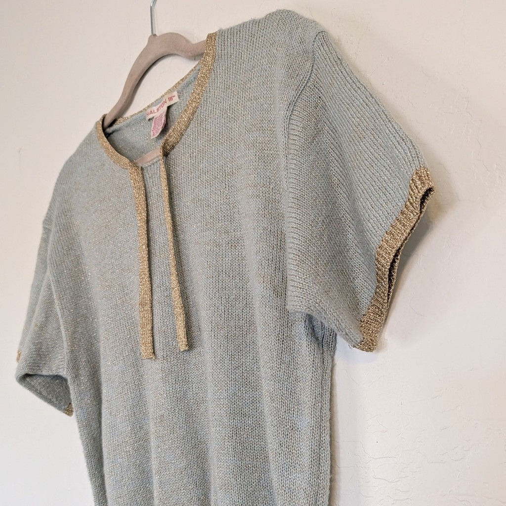 VTG Cardigan Short Sleeve Sweater Set Light Mint Green Gold Trim 80s Grandmacore