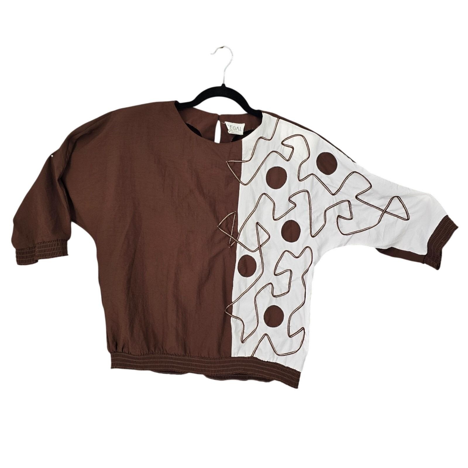 VTG Regal Women Brown White Abstract Geometric Smocked Blouse Small Made in USA