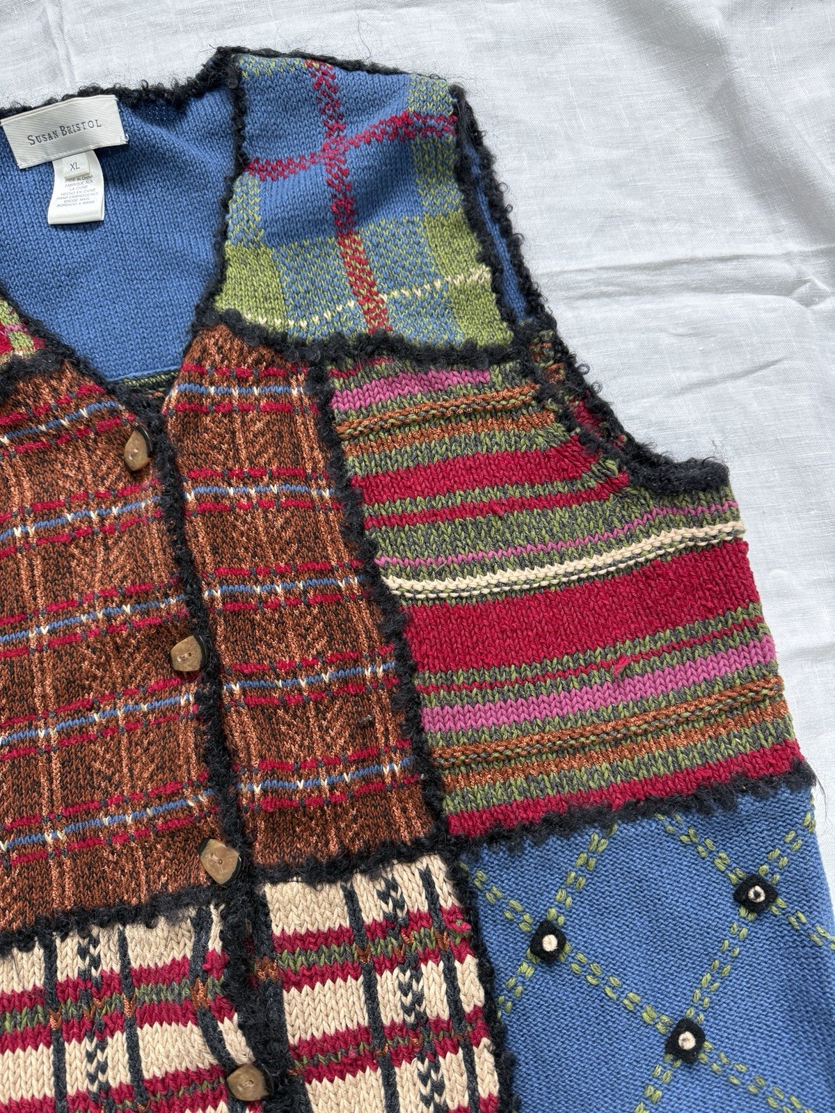 Susan Bristol Vintage 90s Y2K Patchwork Knit Vest Tank Size XL Cottage Core EUC