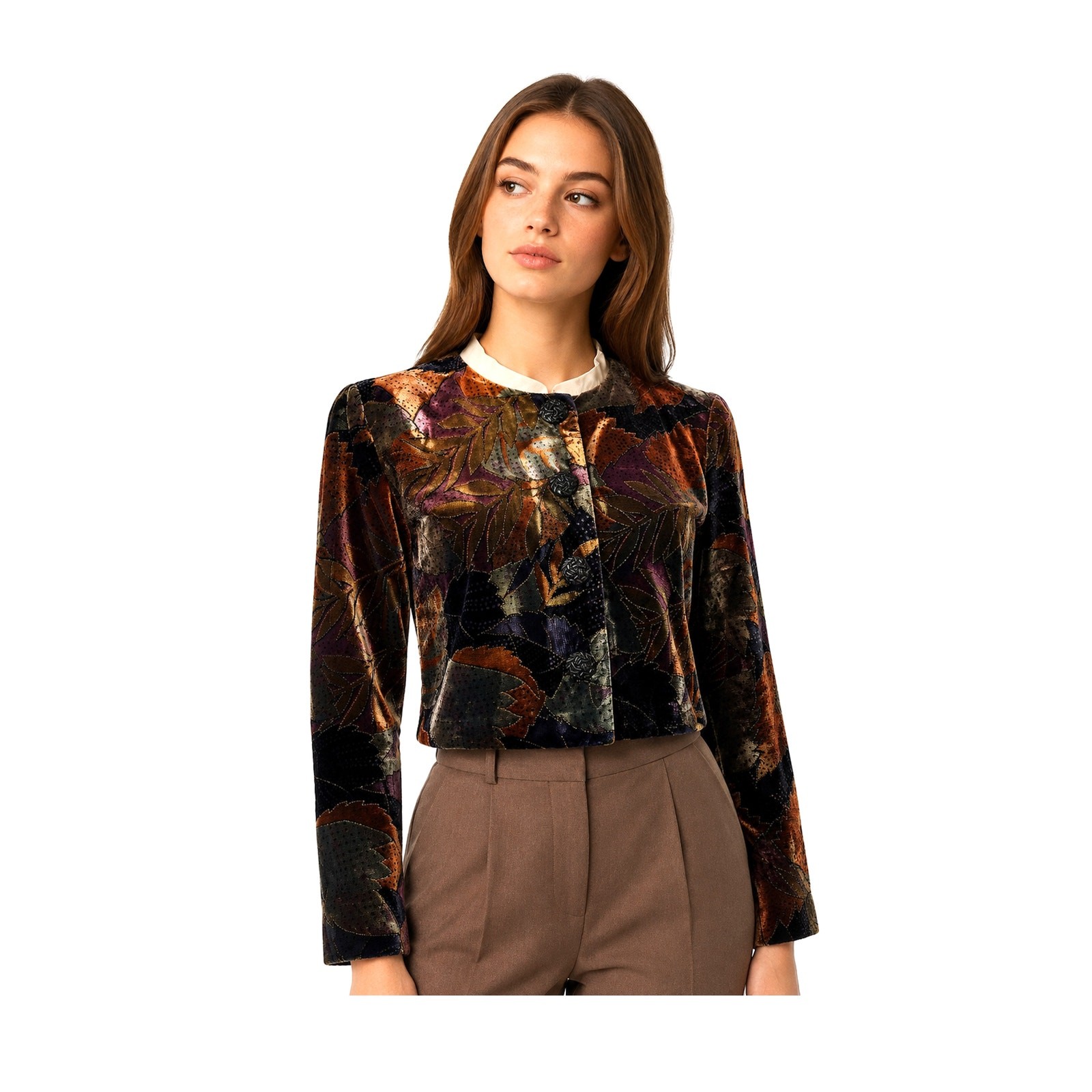 Vintage 80s Painted Velvet Cropped Jacket Brown Purple Rust Petite 2
