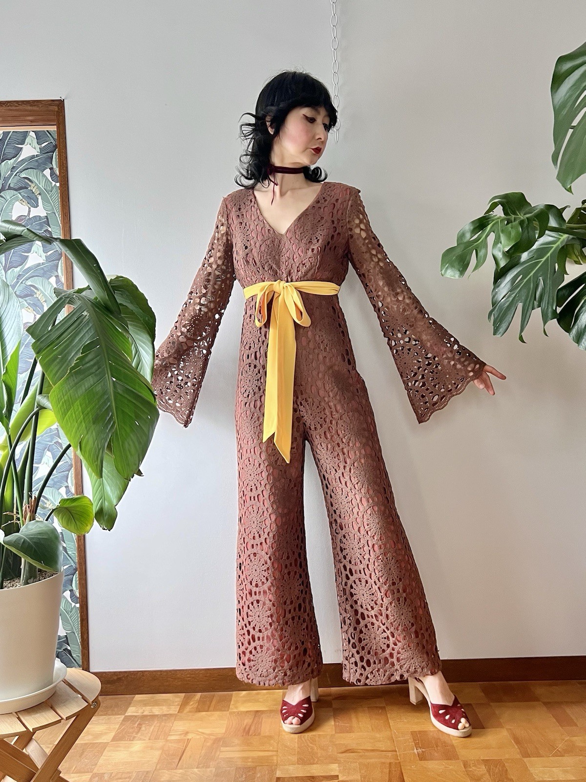 60s 70s Joy Stevens California Crochet Lace Bell Sleeve Flared Wide Leg Jumpsuit