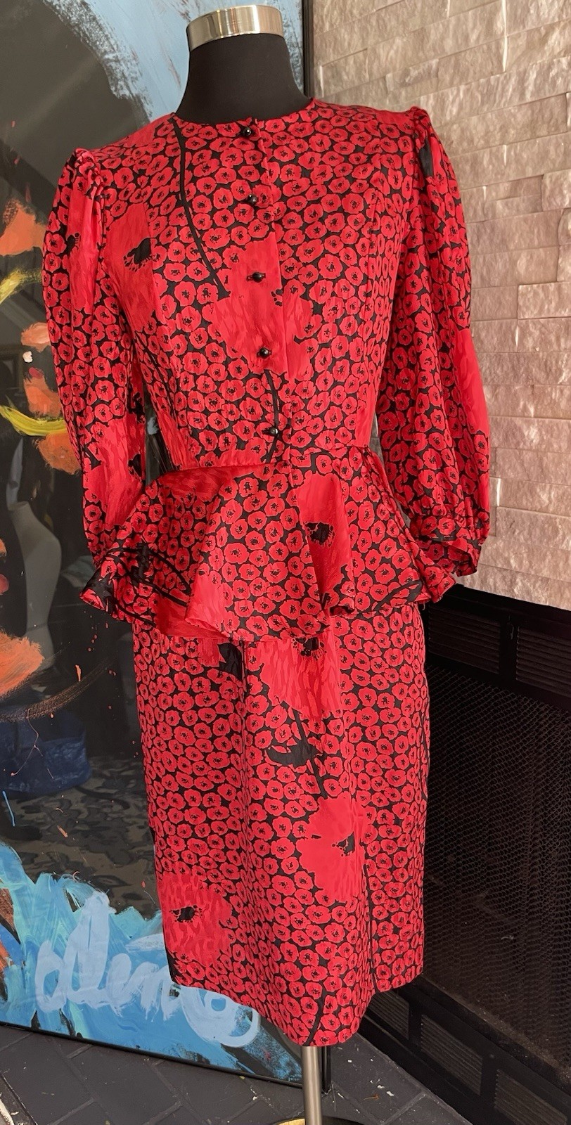 Vintage Leslie Lucks Floral Poppy Red Peplum 80s Dress Size 4 Petites