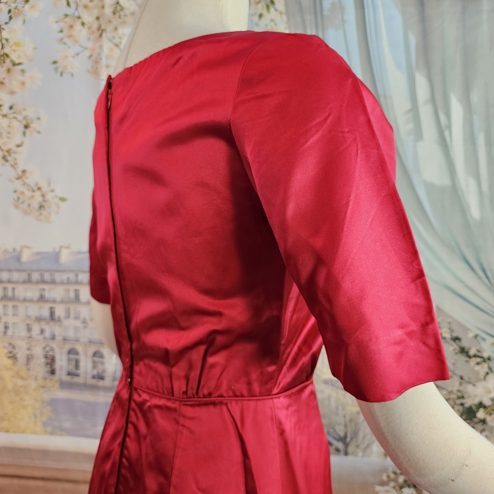 Vintage 1950s Dress Cherry Red Liquid Satin Half Sleeve Pinup Rockabilly