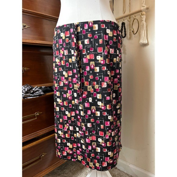 Vintage 90s Womens Geometric Square Print Midi Skirt S Retro Mod Eclectic Funky