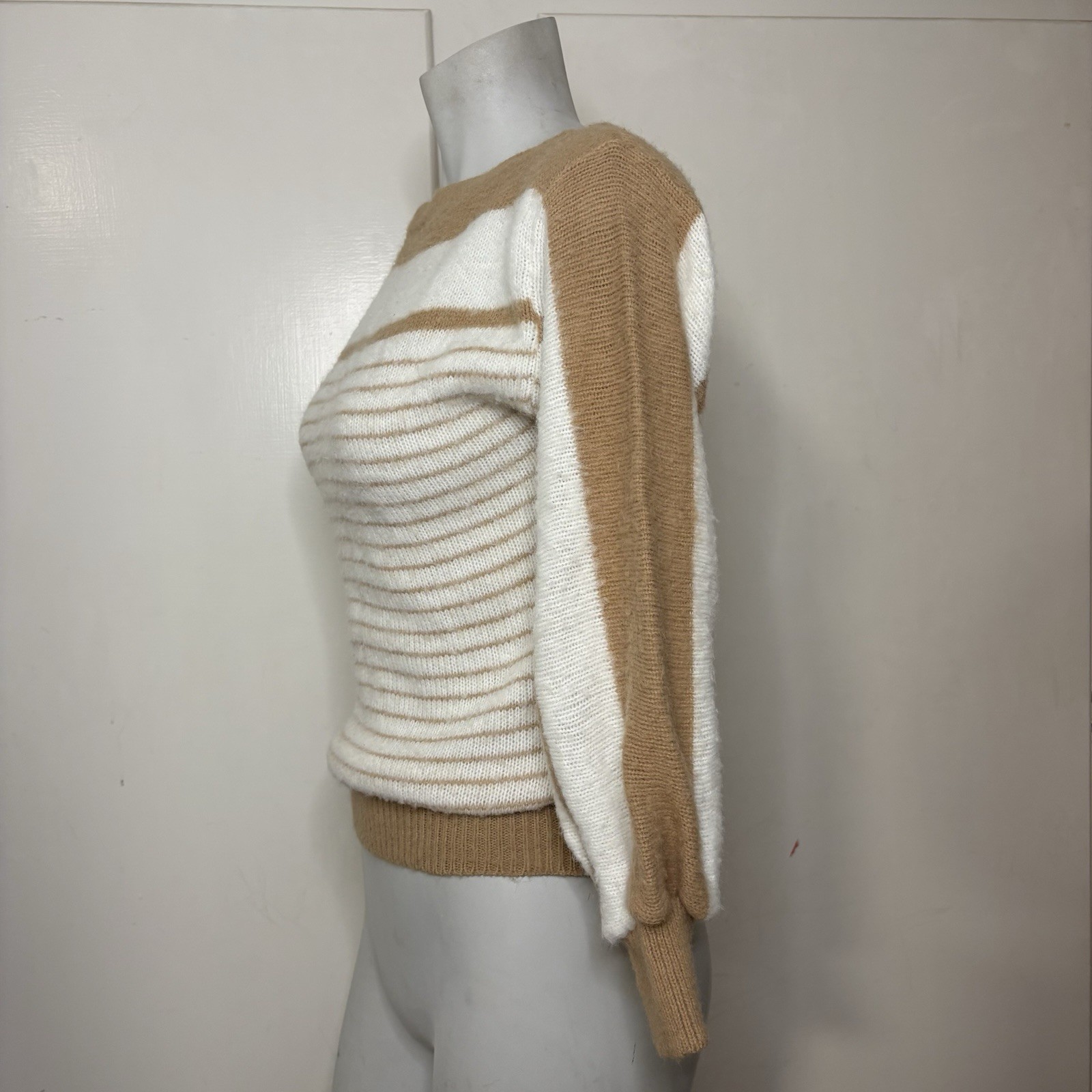 Vintage 80s Spunky Tan White Striped Colorblock Boatneck Sweater