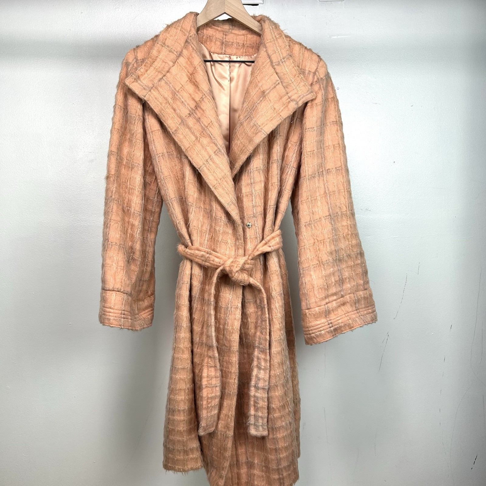 Vintage 60s 70s Pink Plaid Trench Coat Retro Mod Tartan Check Small Robe