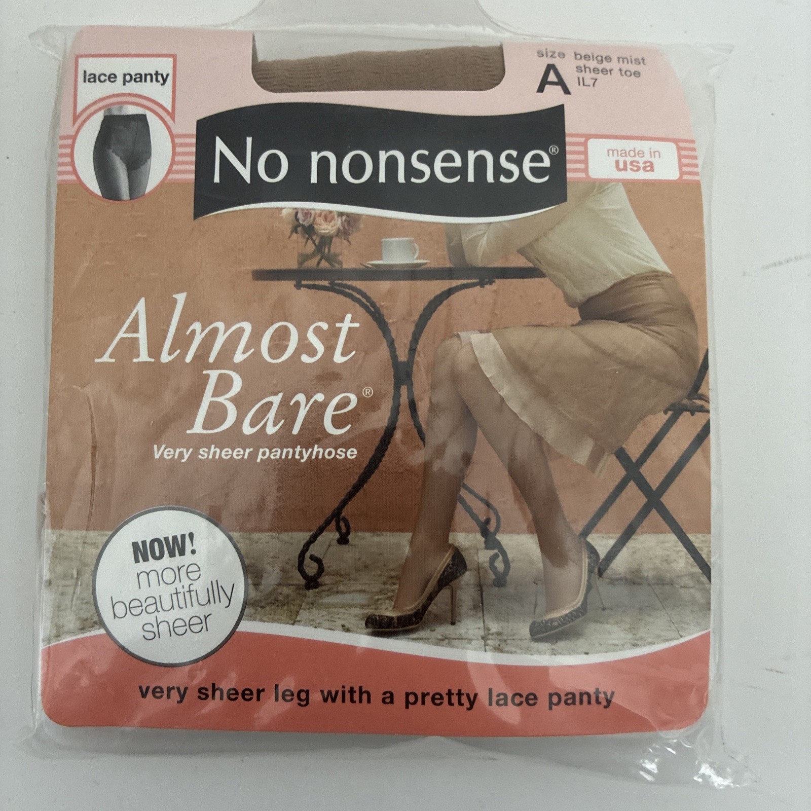 NOS Vintage No Nonsense Beige Mist Almost Bare Pantyhose Lace Panty Size A