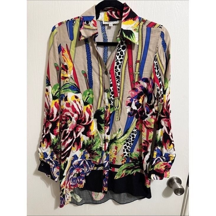 Vintage Mischa Vibrant Floral Button Down Tunic Long Sleeve Blouse Women’s Small