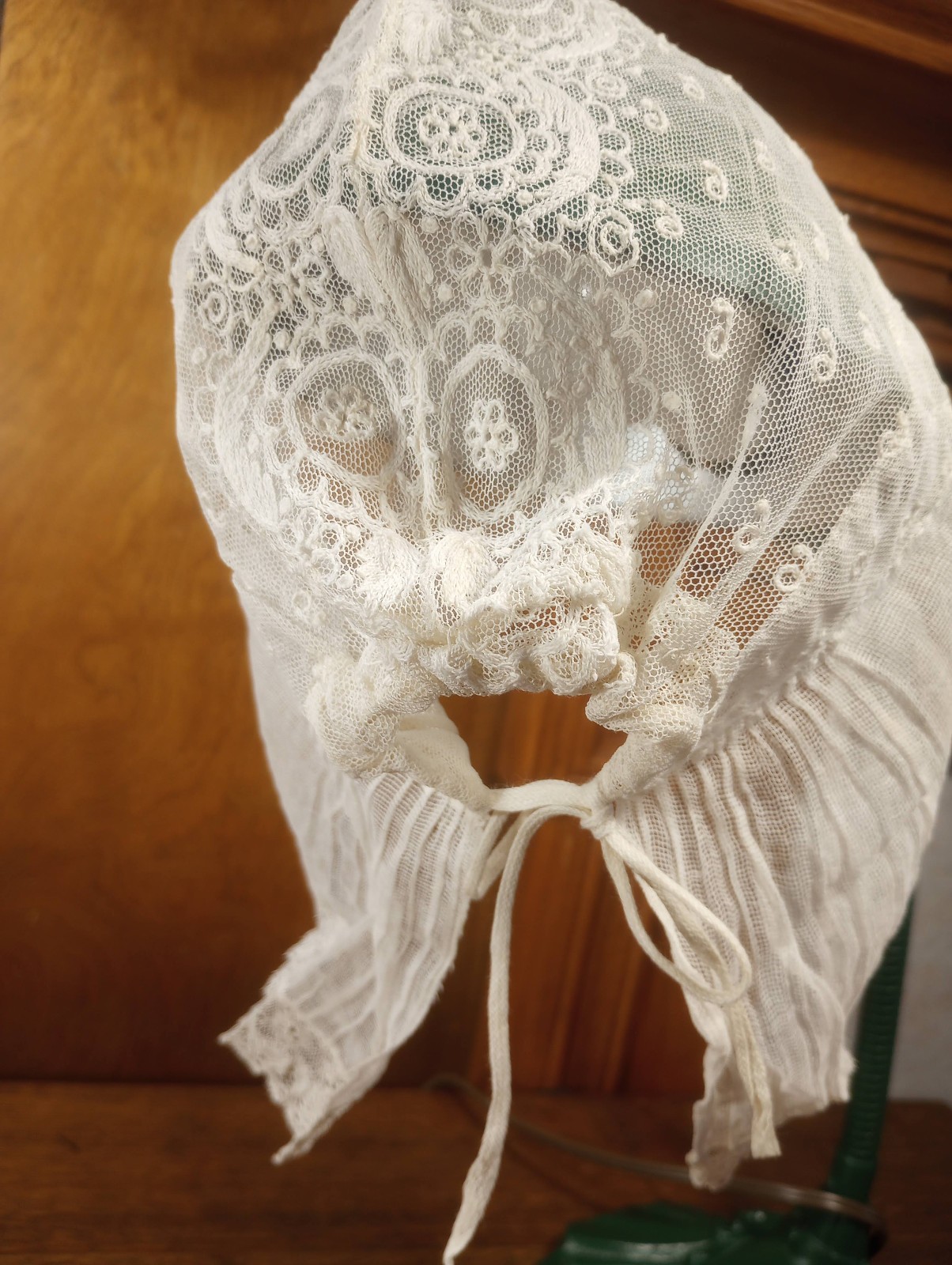 ANTIQUE Victorian Appliquéd LACE BONNET Fine Mesh Net