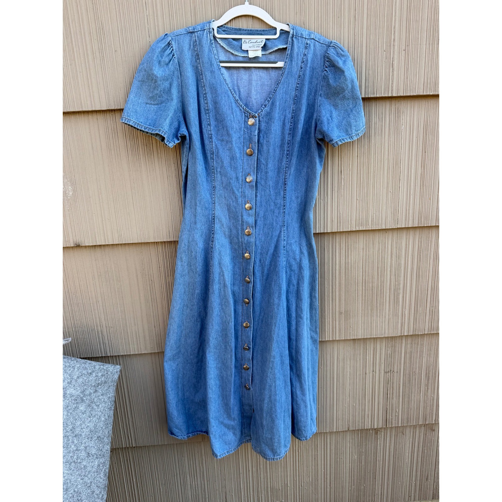 Vintage 90s Denim Button Down Midi Dress Size 10P Lace Up Back Short Puff Sleeve