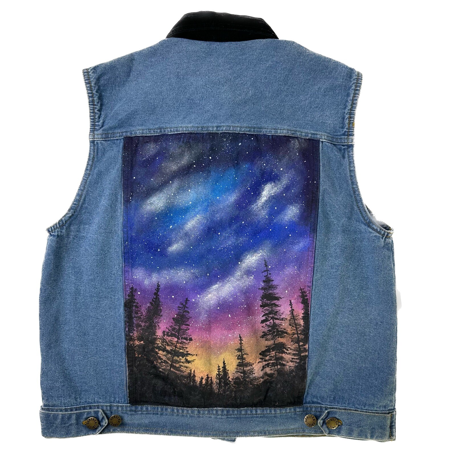 Vintage Hand Painted Denim Vest Womens Size M Forest Stars Generra Art To Wear