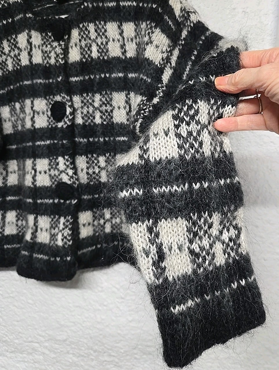 Vintage Boundary Waters Mohair Black White Striped Houndstooth Buttons Sweater