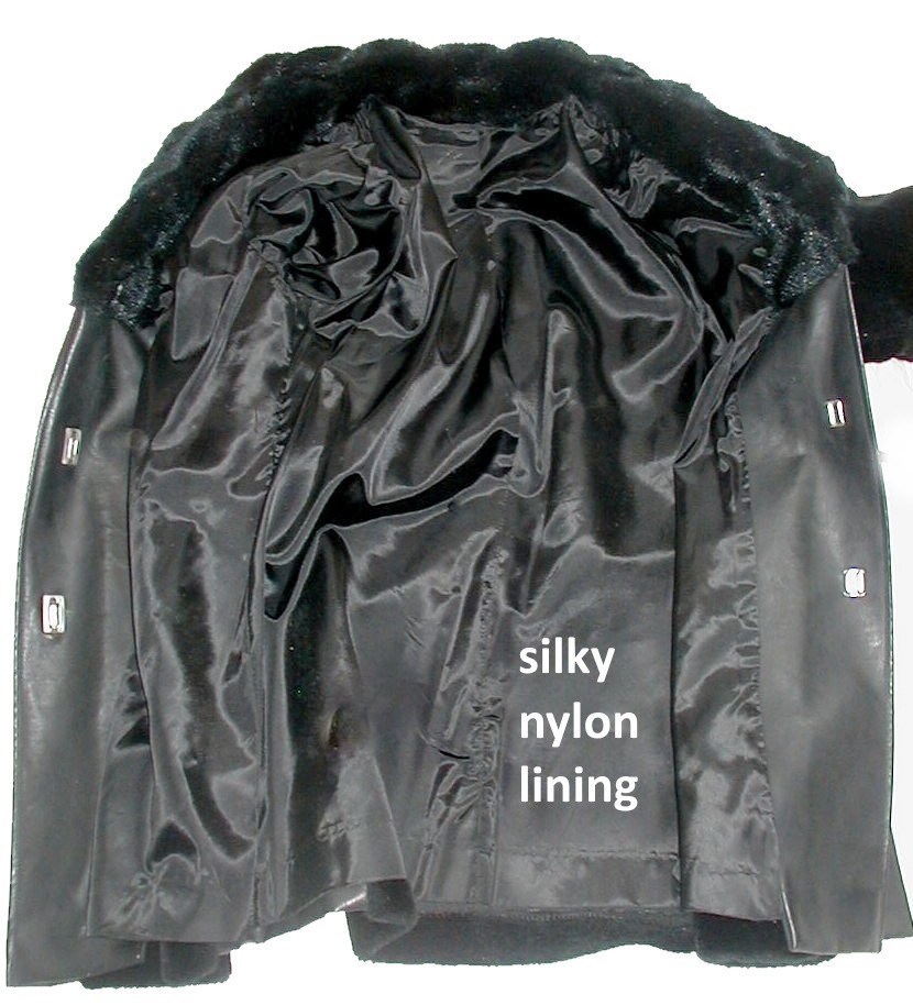 Vintage 1960s BLACK FAUX FUR COAT w/ Faux Leather Trim 40B TWIST LOCK Closures
