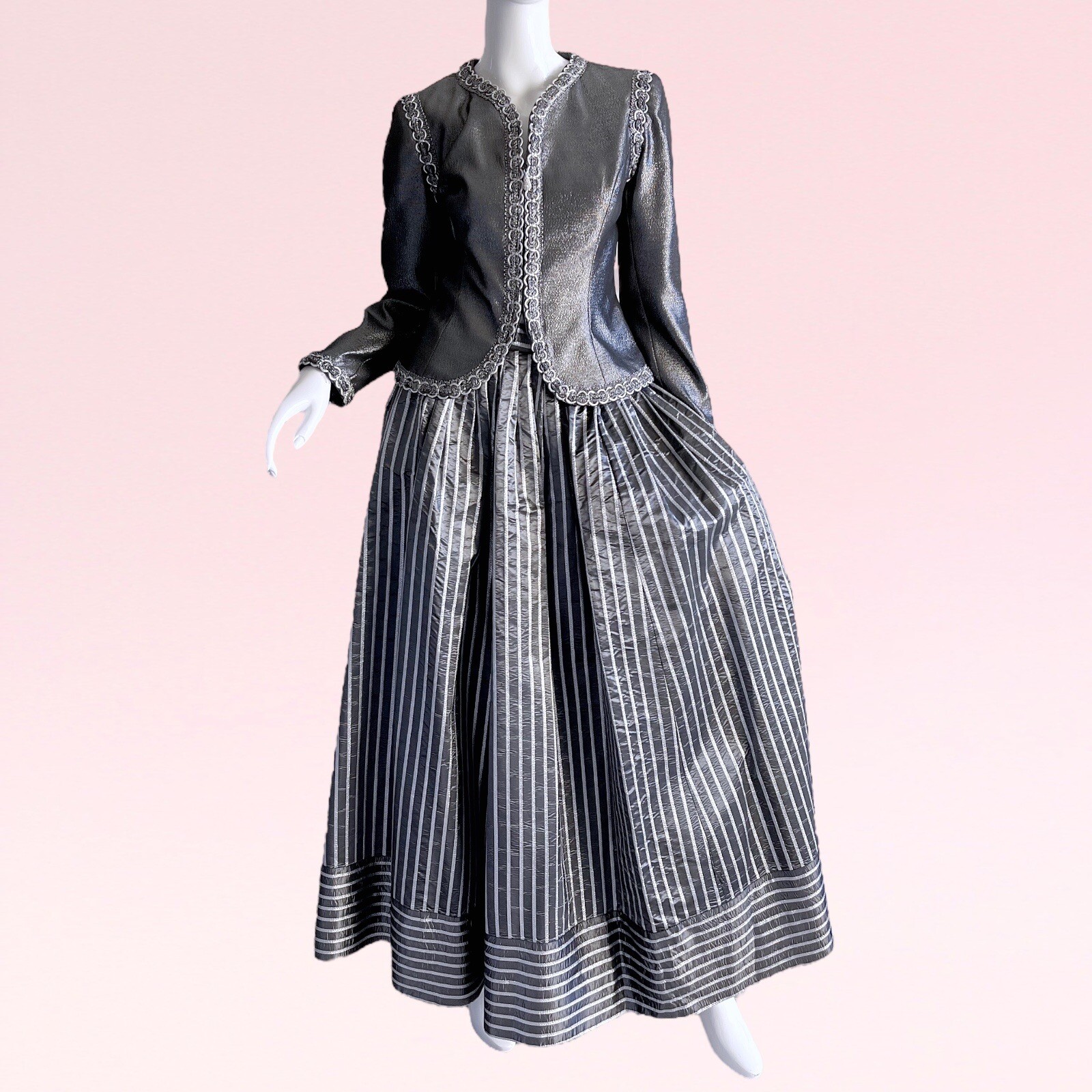 1990s Victor Costa Brocade Metallic Silver Rhinestone Taffeta Evening Gown Set