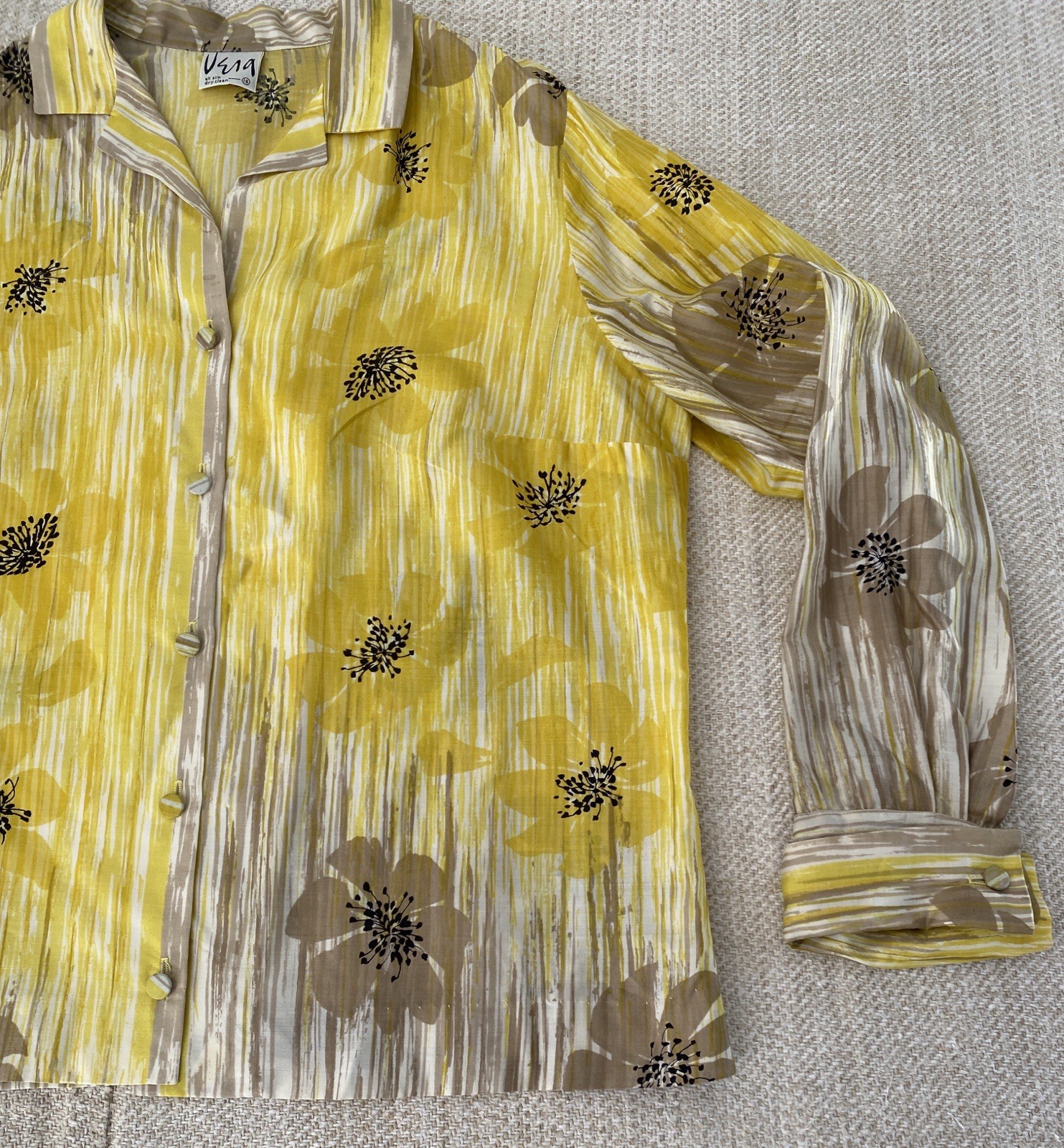 Vintage Vera Neumann 1960’s Silk Long Sleeve Blouse Shirt Yellow Flowers