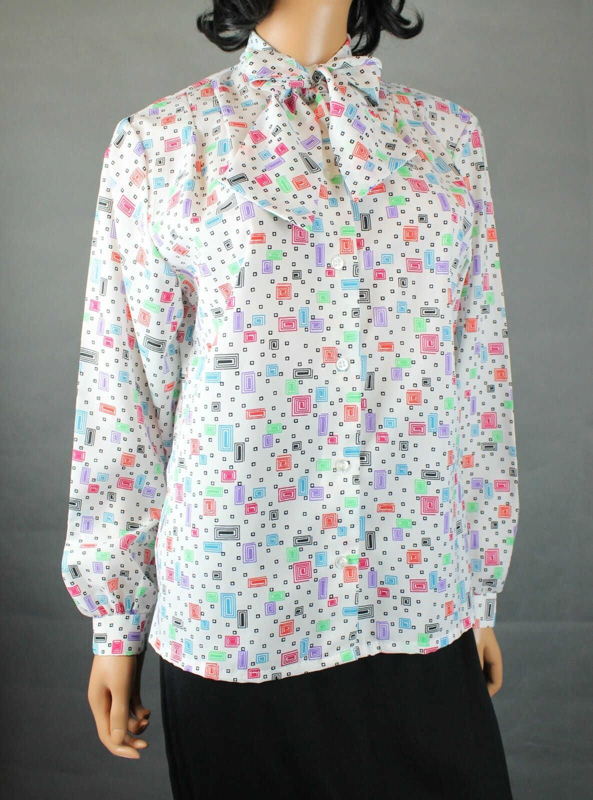Pussy Bow Blouse Sz L Vintage 80s Funky White Geometric Long Sleeve Dress Shirt