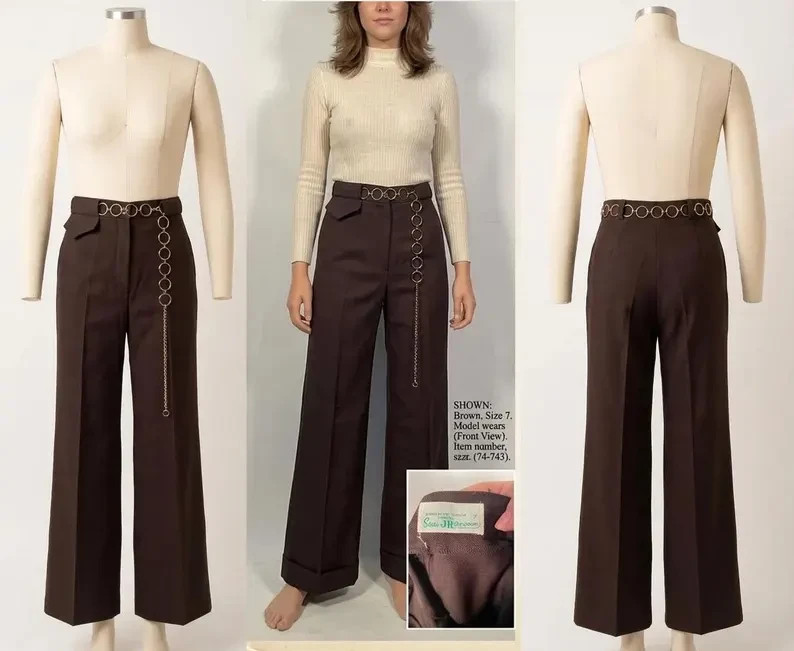 Vintage 1970s Brown Polyester Sears Jr Bazaar Bell Bottoms Wide Leg Pants 26 W