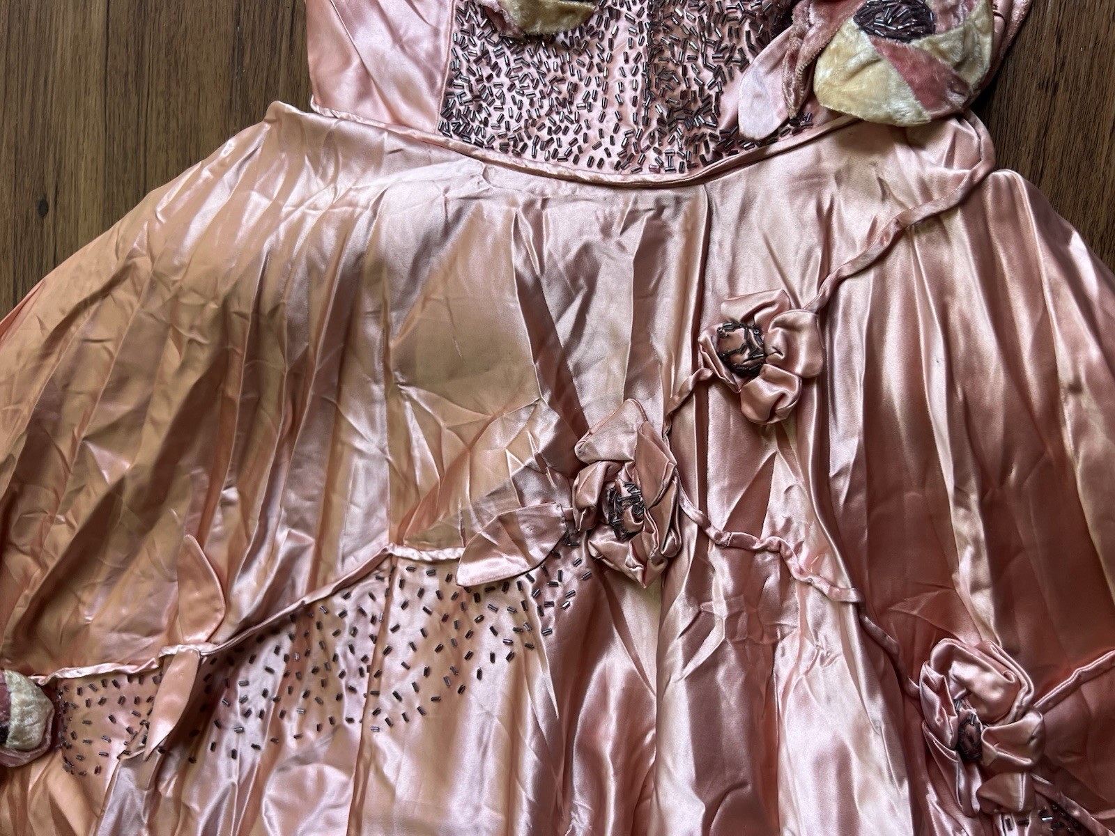 Vintage 40s 50s Ball Gown Strapless Floral Appliques Beaded Maxi Satin Dress MCM