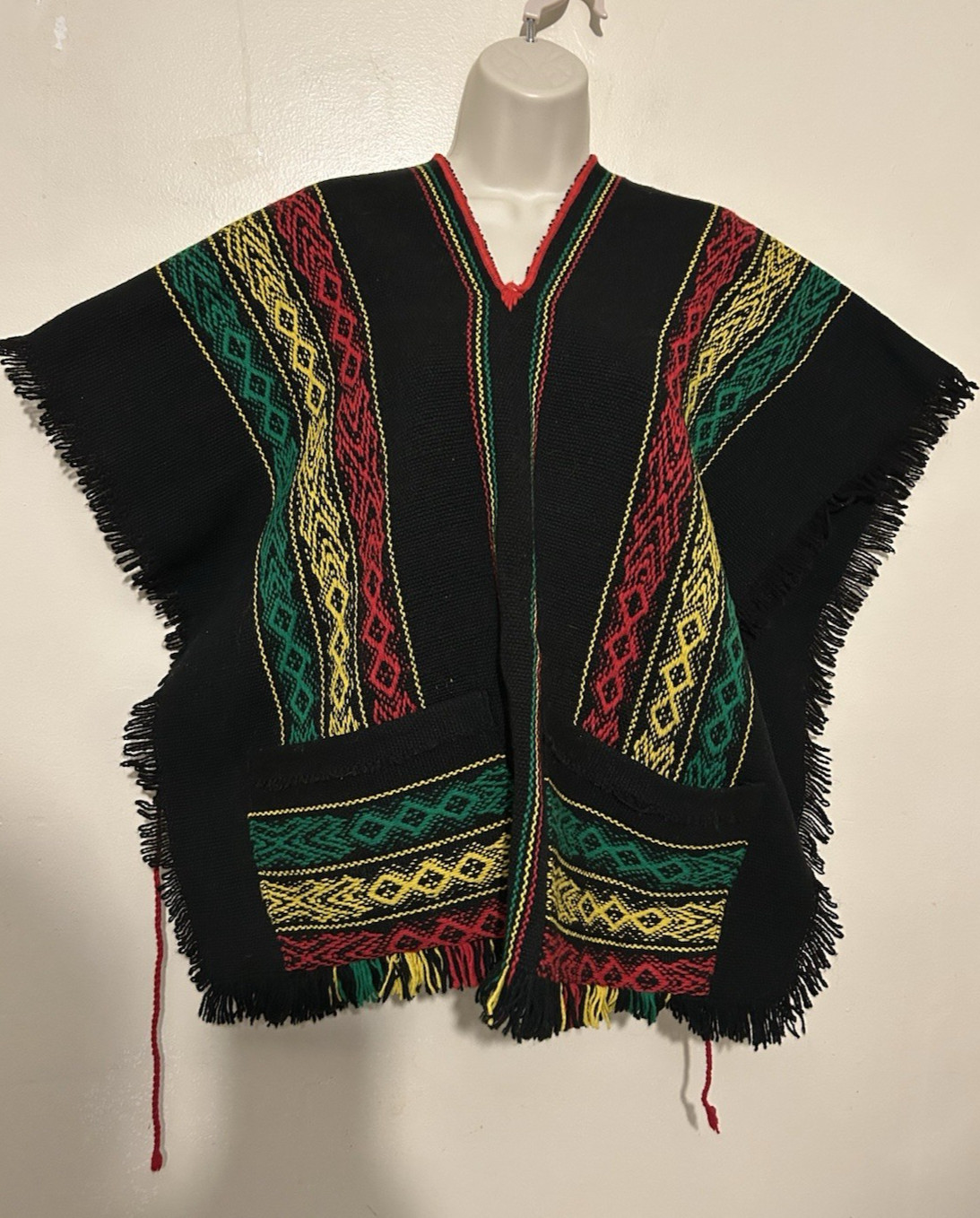 VTG Handmade Wool Blend Argentinian Poncho Vest One Size Black Green Red Yellow