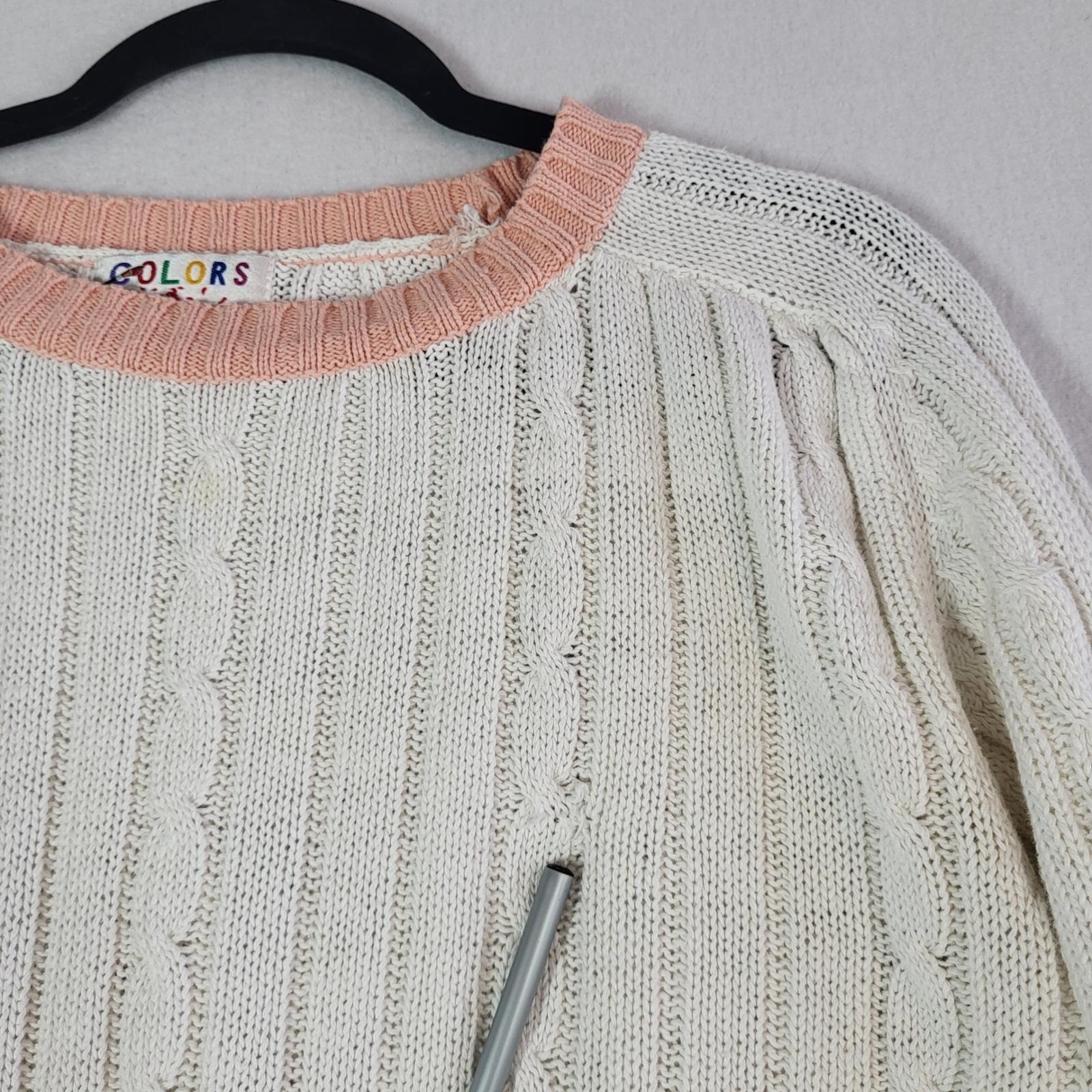 Vintage 90s Cable Knit Varsity Tennis Sweater Pink Cream Womens M Distressed