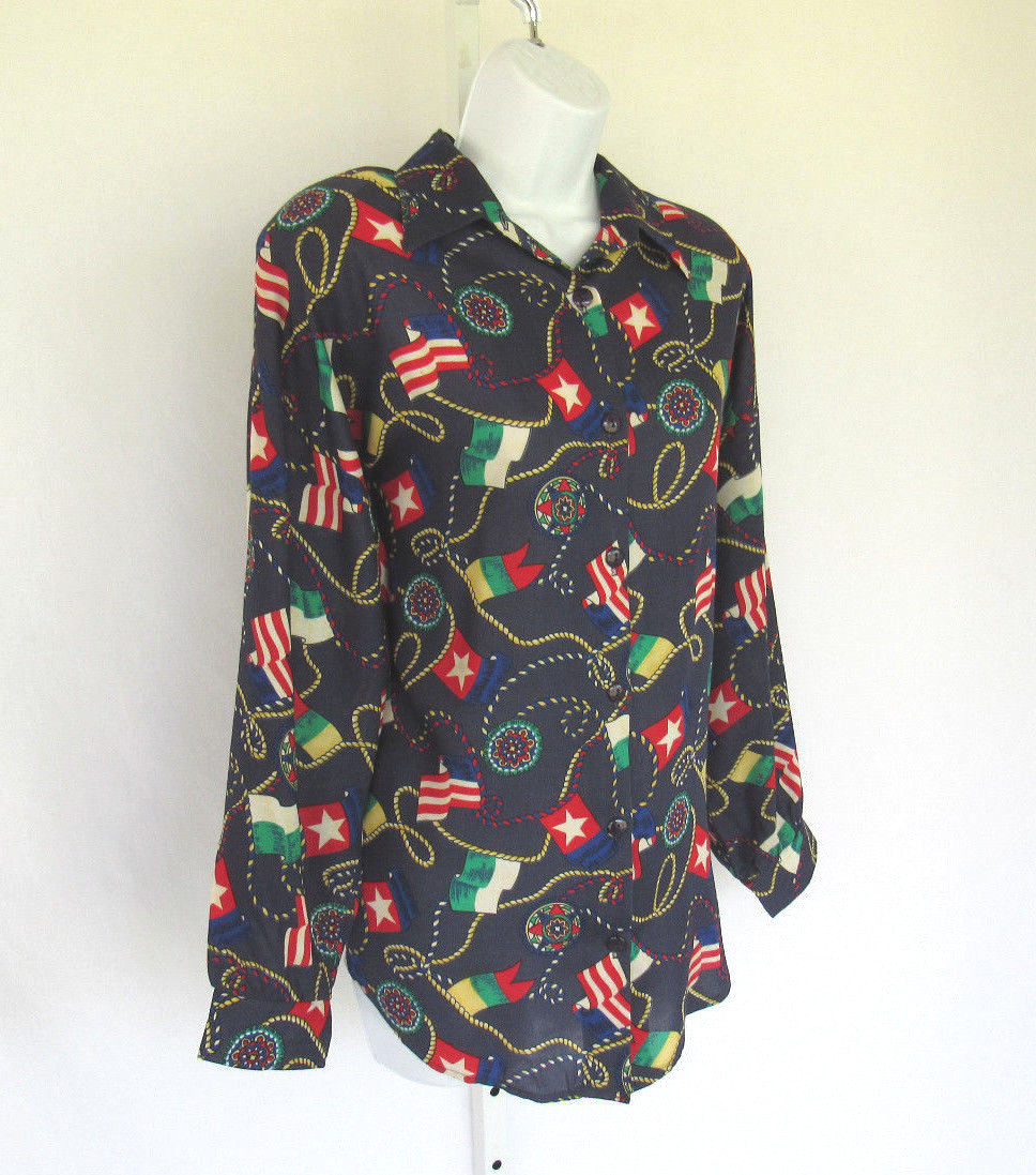 VINTAGE 1980s 90s GEMILLI BLOUSE SHIRT SIZE MEDIUM FLAGS BLUE 100% RAYON