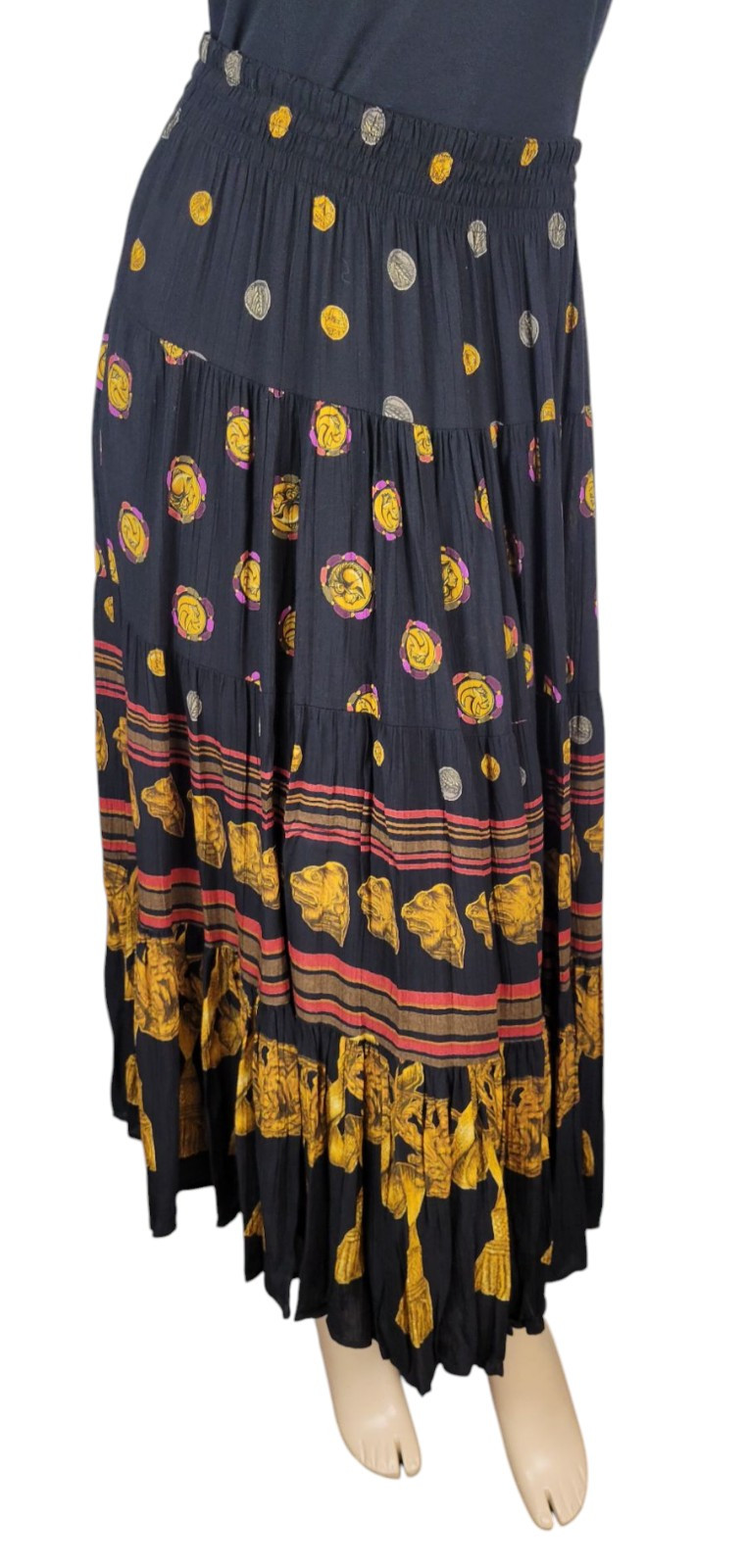 Vtg CL Carole Little Black Gold Tassel Etruscan Revival Gauze Skirt Top Set 8/10