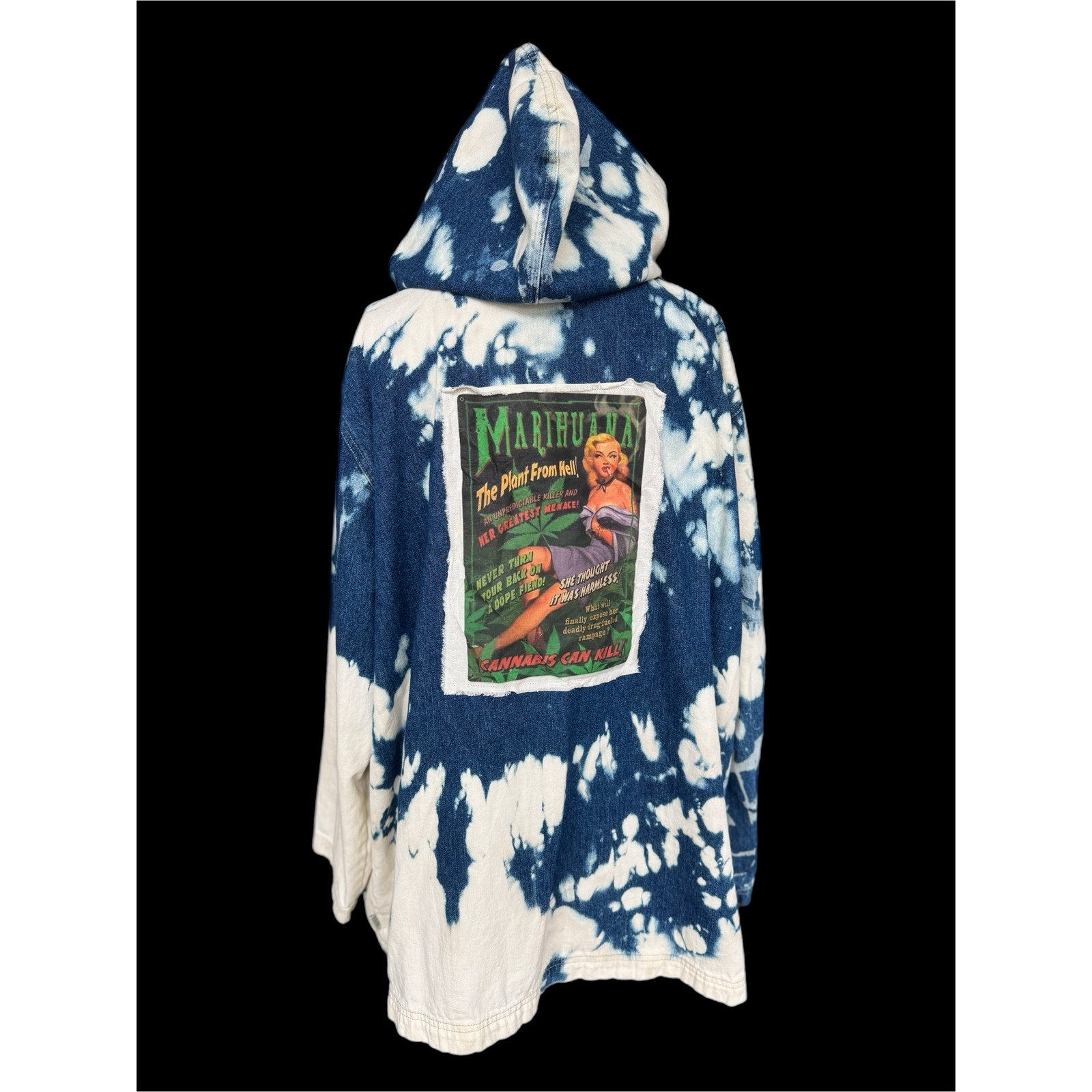 Vintage Marijuana Propaganda Hooded Denim Utility Coat XL XXL Oversized
