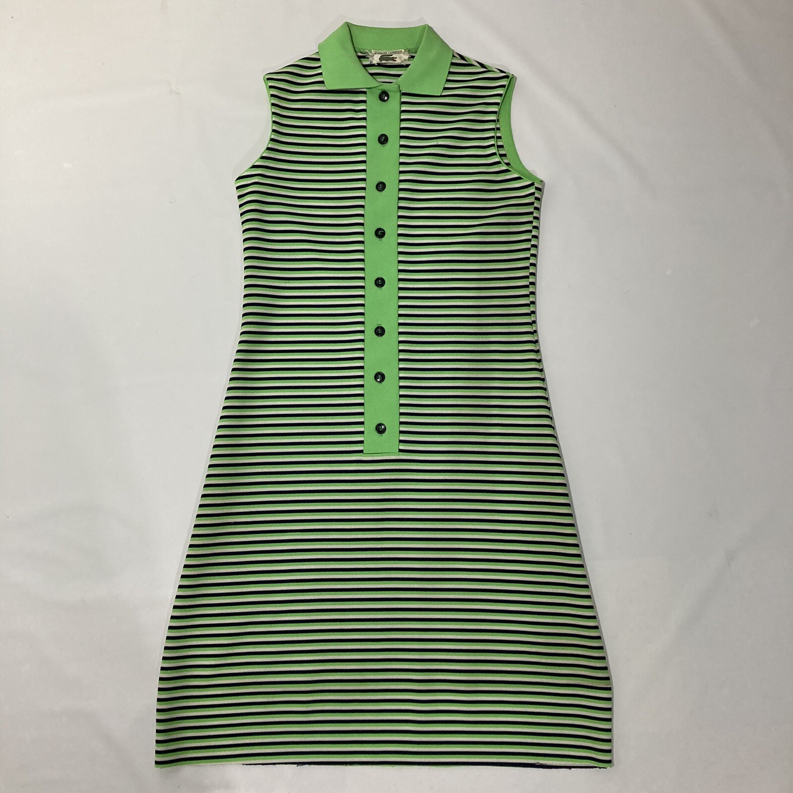 Vtg 70s Chemise Lacoste Shift Dress Med Lime Green/Black Stripe Mod Go-Go Preppy
