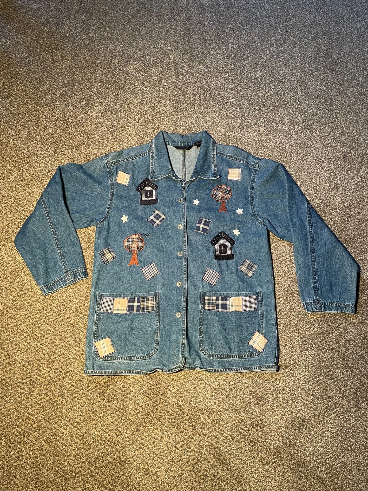 Vintage Women’s Denim Shirt by Agapo Button Up Embroidered Patchwork