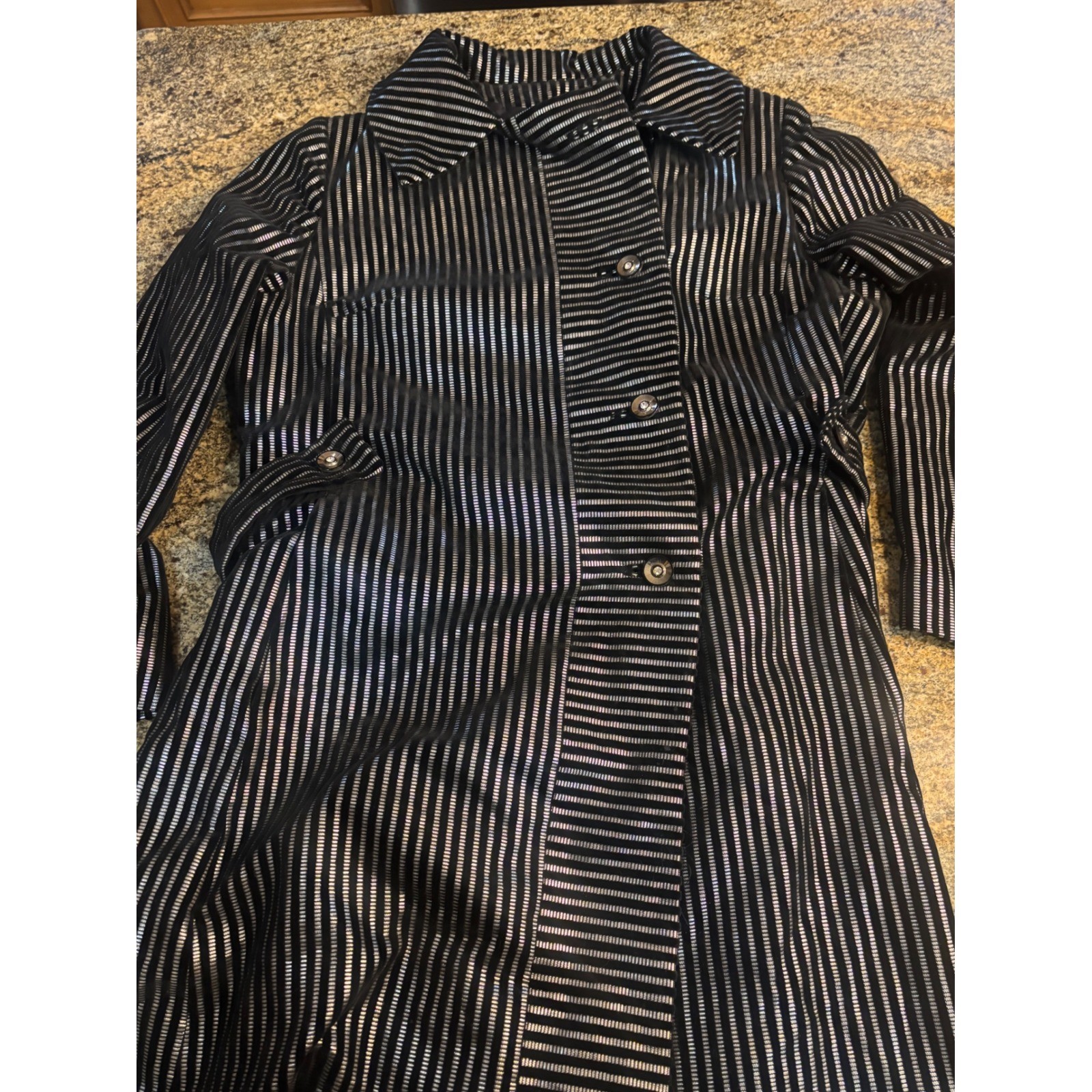 Vintage Count Romi Metallic Silver Black Striped Trench Coat Belted Size 16