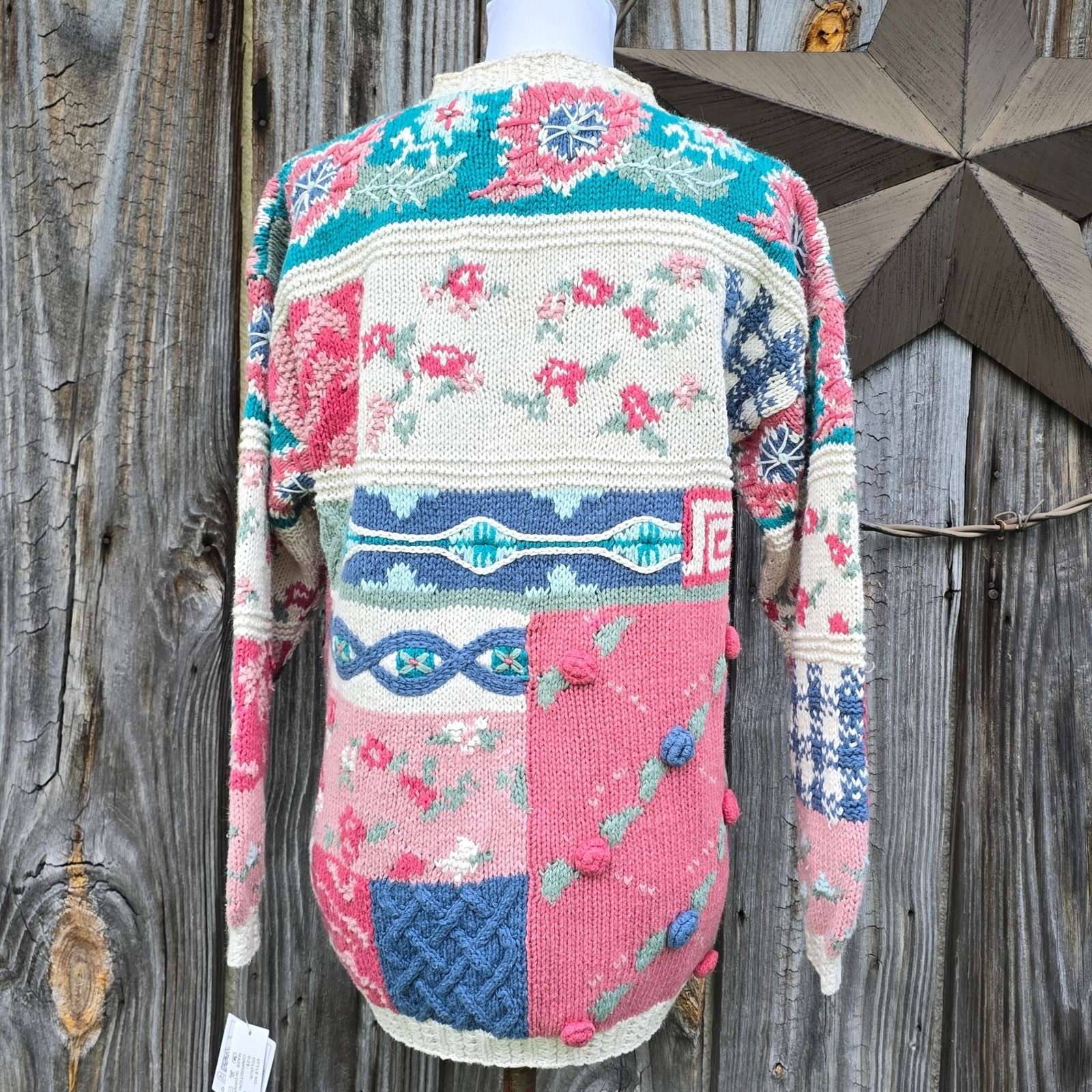 Patchwork Sweater Crystal Kobe Size Petite Medium Pink Blue Beige Floral Vintage