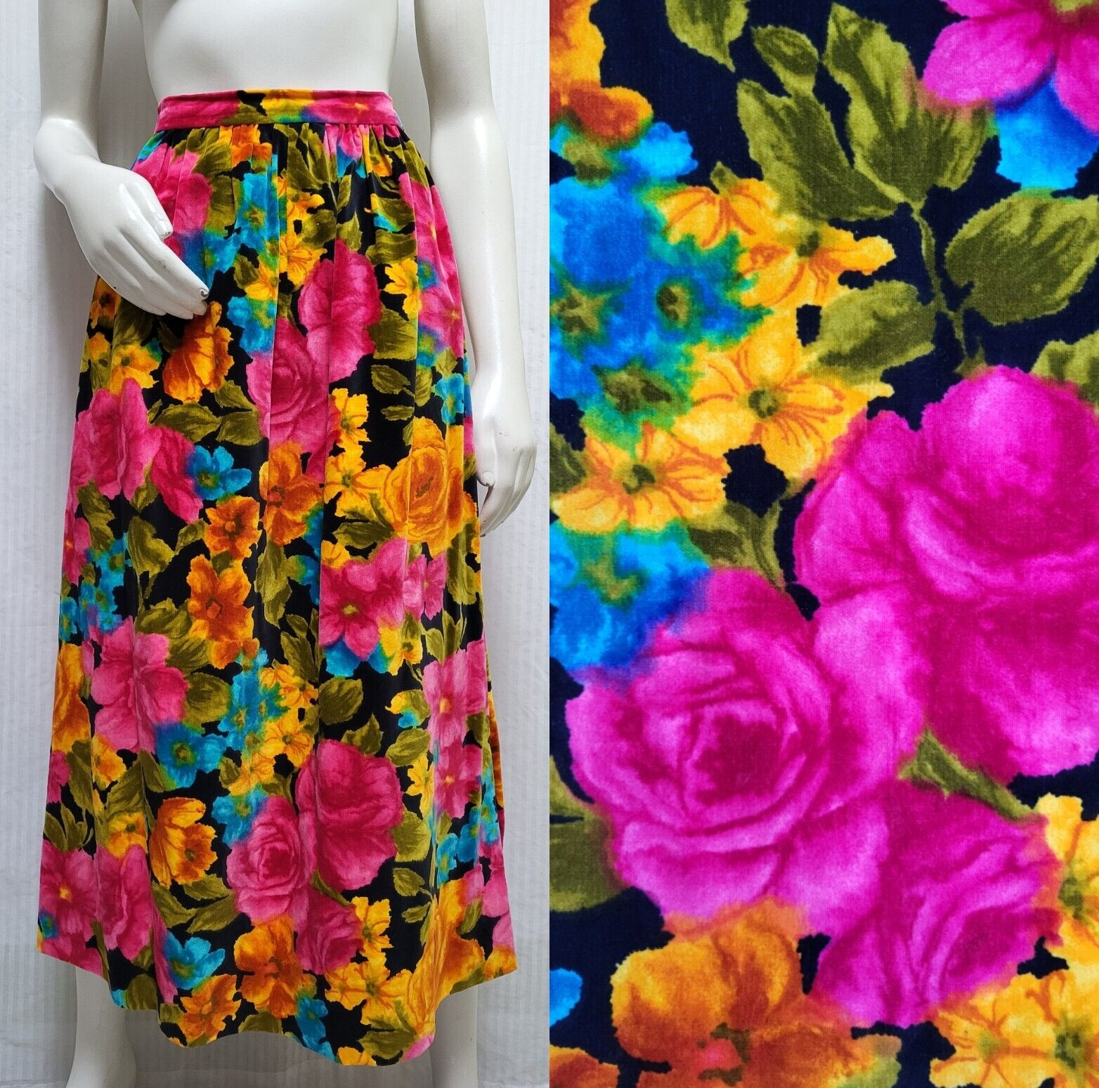 Vintage Bright Floral Rose Print Velvet Long Skirt – Waist 27 inches – EUC