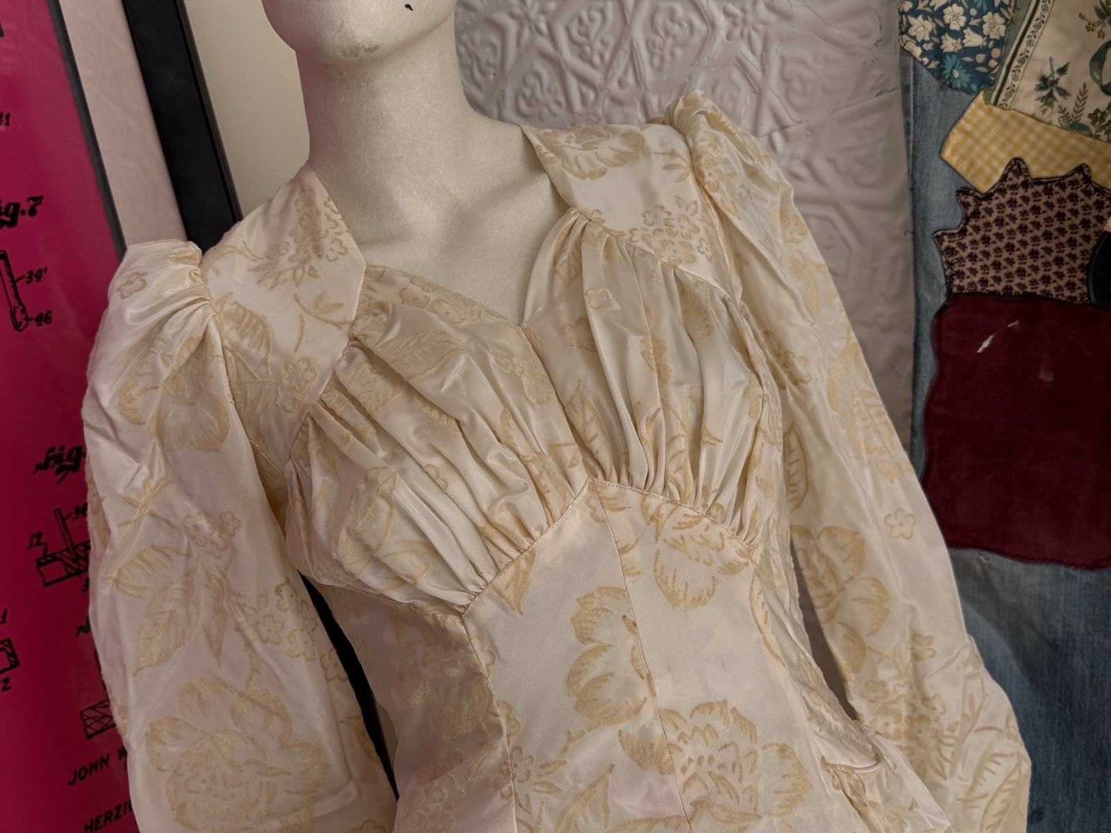 Vintage 1930s wedding gown puff sleeve flocked floral ivory dress-antique bridal