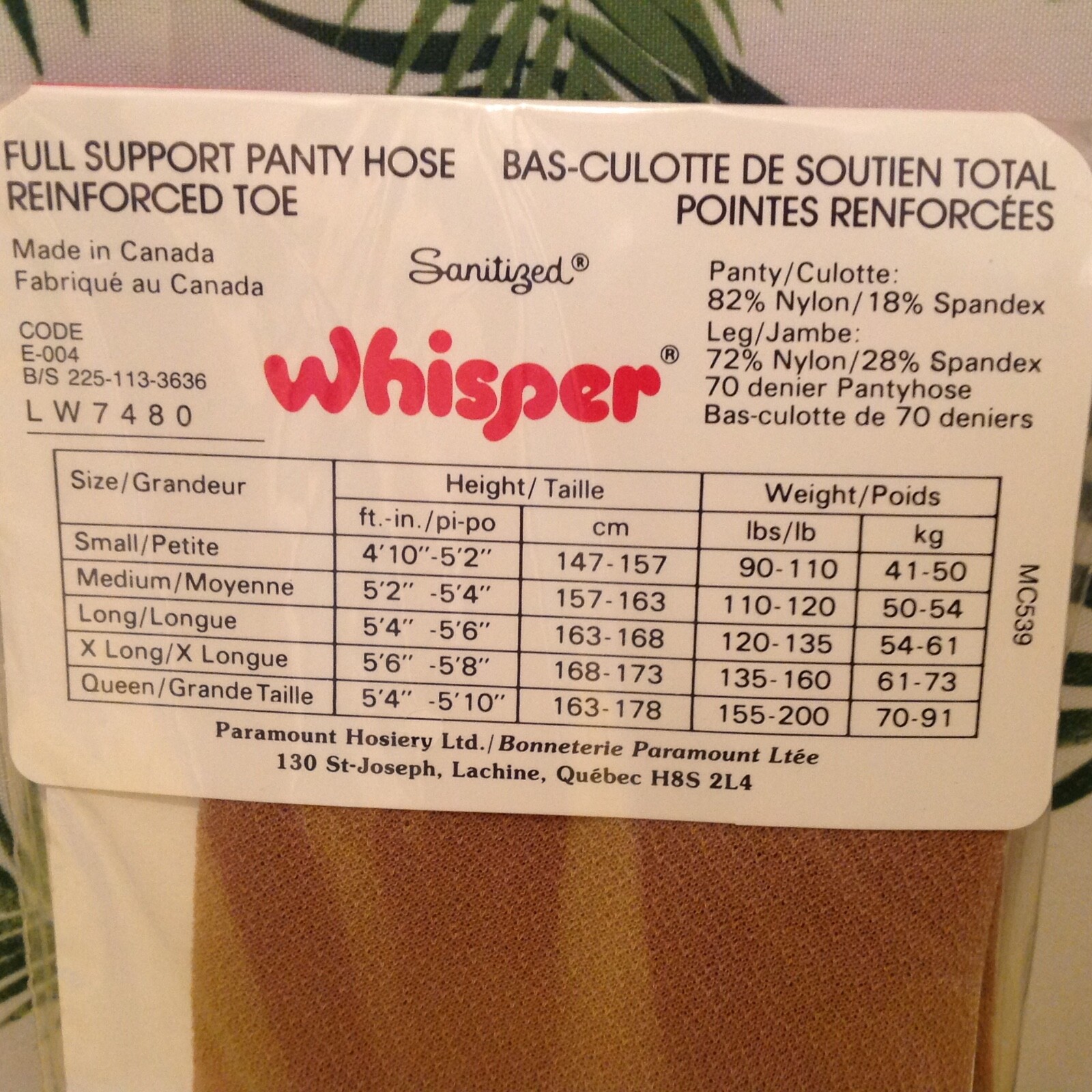 vintage Pantyhose Whisper Full Support Color Soft Beige Size Small BC004A
