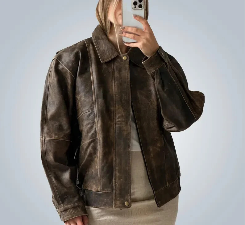 1980s Oversized Retro Distressed Brown Vintage Handmade Real Leather Jacket Wome