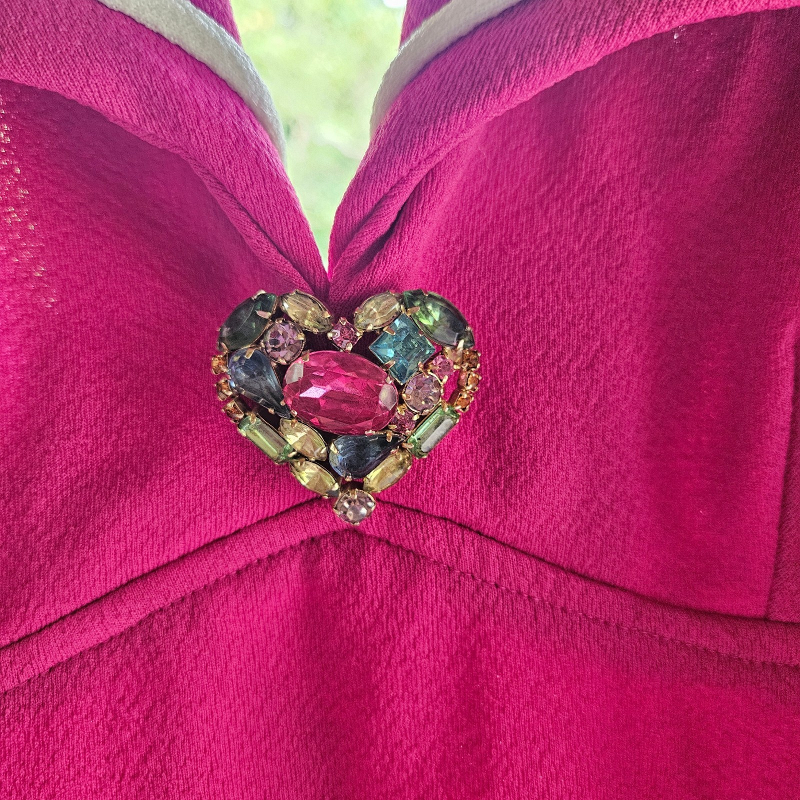 VTG Handmade Fuchsia Maxi Dress Rhinestone Heart Brooch Puff Sleeve OOAK