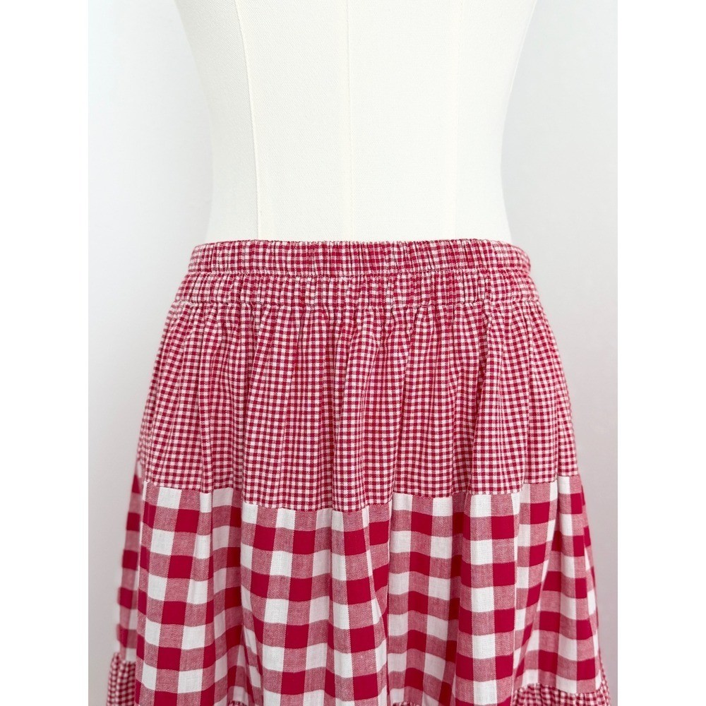 Vtg Red Gingham Plaid Patchwork Tiered Maxi Skirt Cottagecore Prairie Boho (S-L)