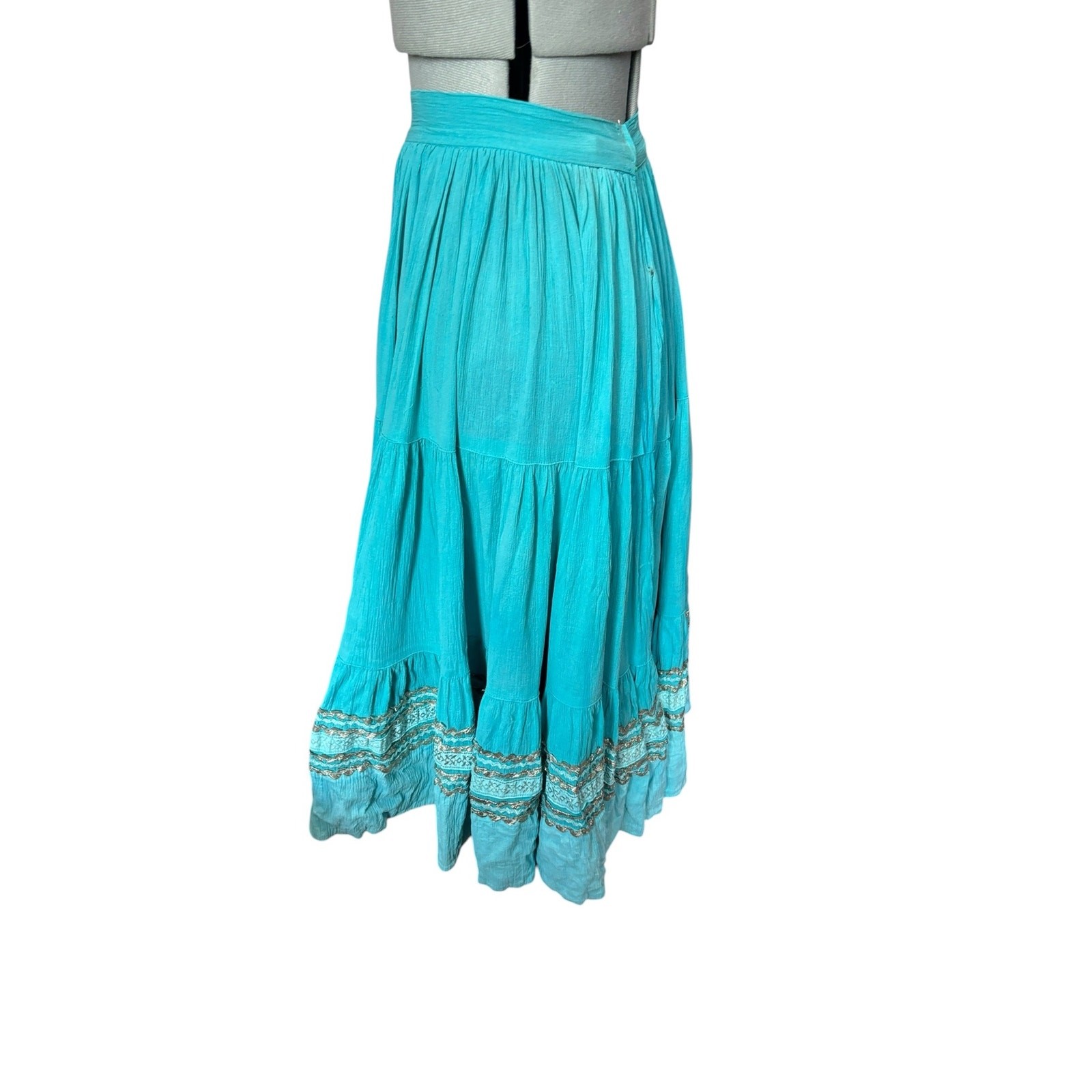 1950s Turquoise Patio Skirt Full Sweep Silver Rickrack Western Fiesta