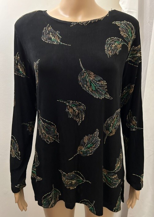 CAVIAR Vintage 80s EUC Women’s L Slinky Black L/S Top w/Gold Green Purple Leaves