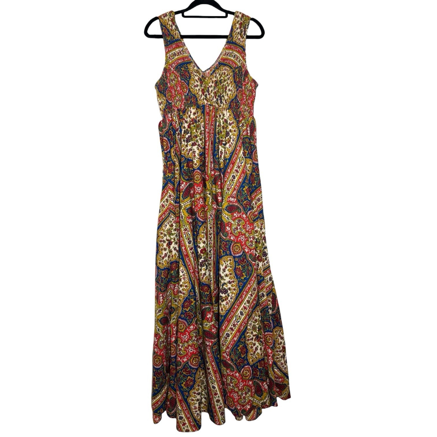 Vintage 70s Denise L I Magnin Boho Smocked Paisley Floral Maxi Dress M/L Size 13
