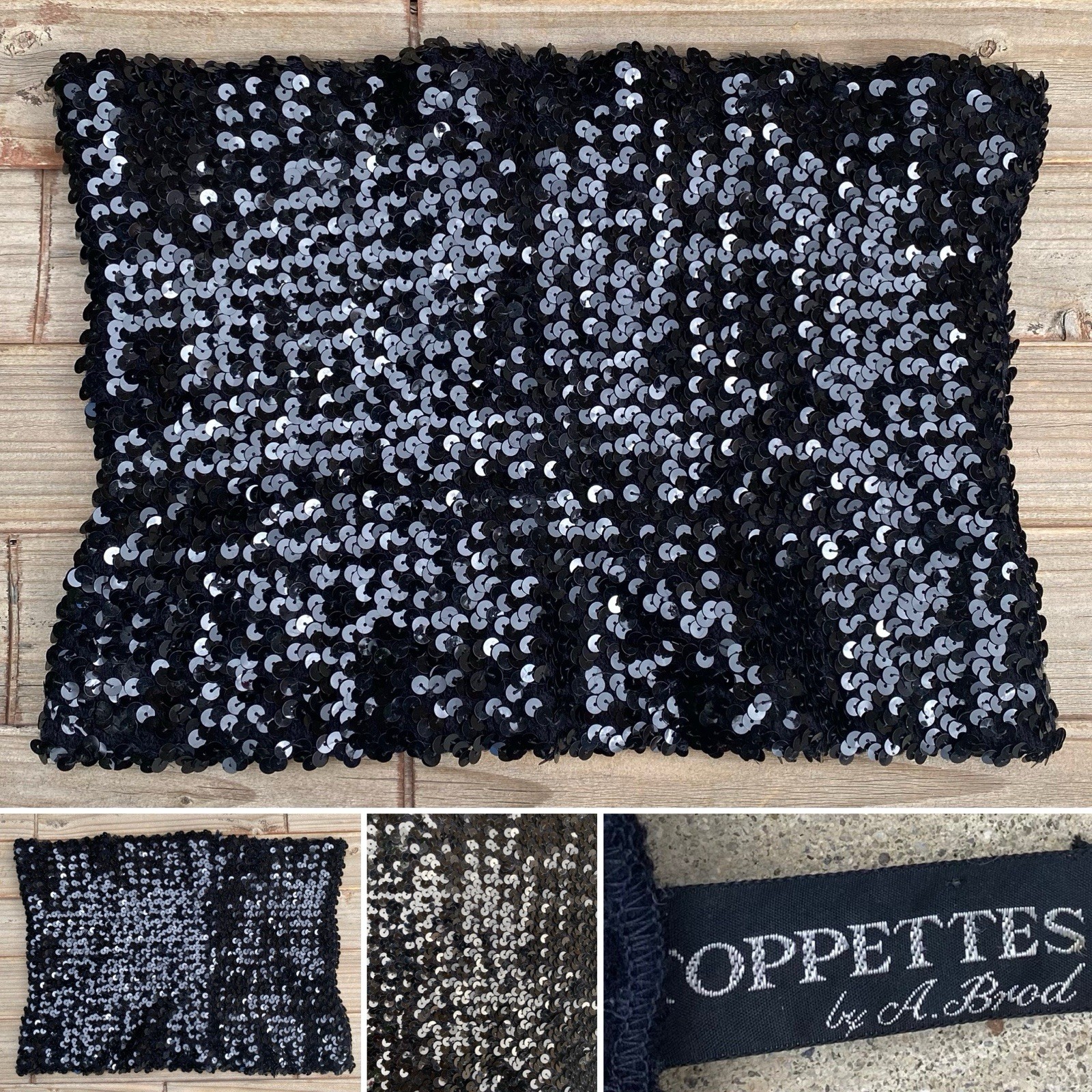 Vintage Toppettes By A Brod Black Sequin Tube Top Strapless Disco Glam Party