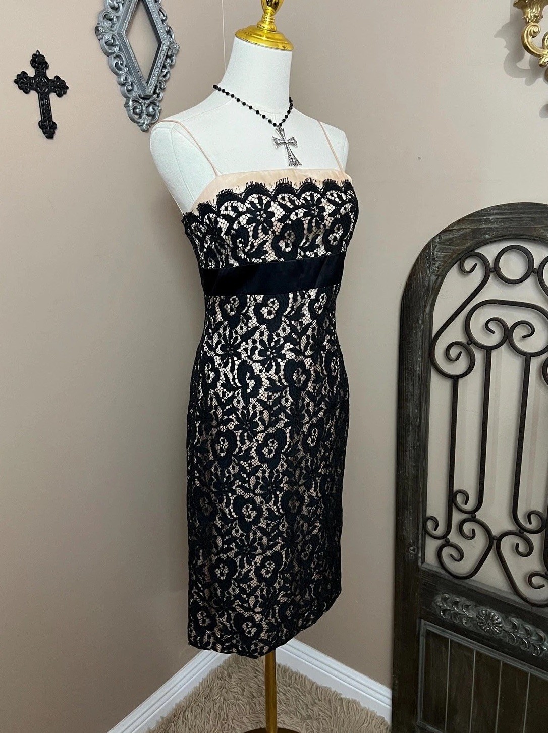 Vintage 90s Black Lace Nude Illusion Tank Dress Size S/M Gothic Party Cocktail