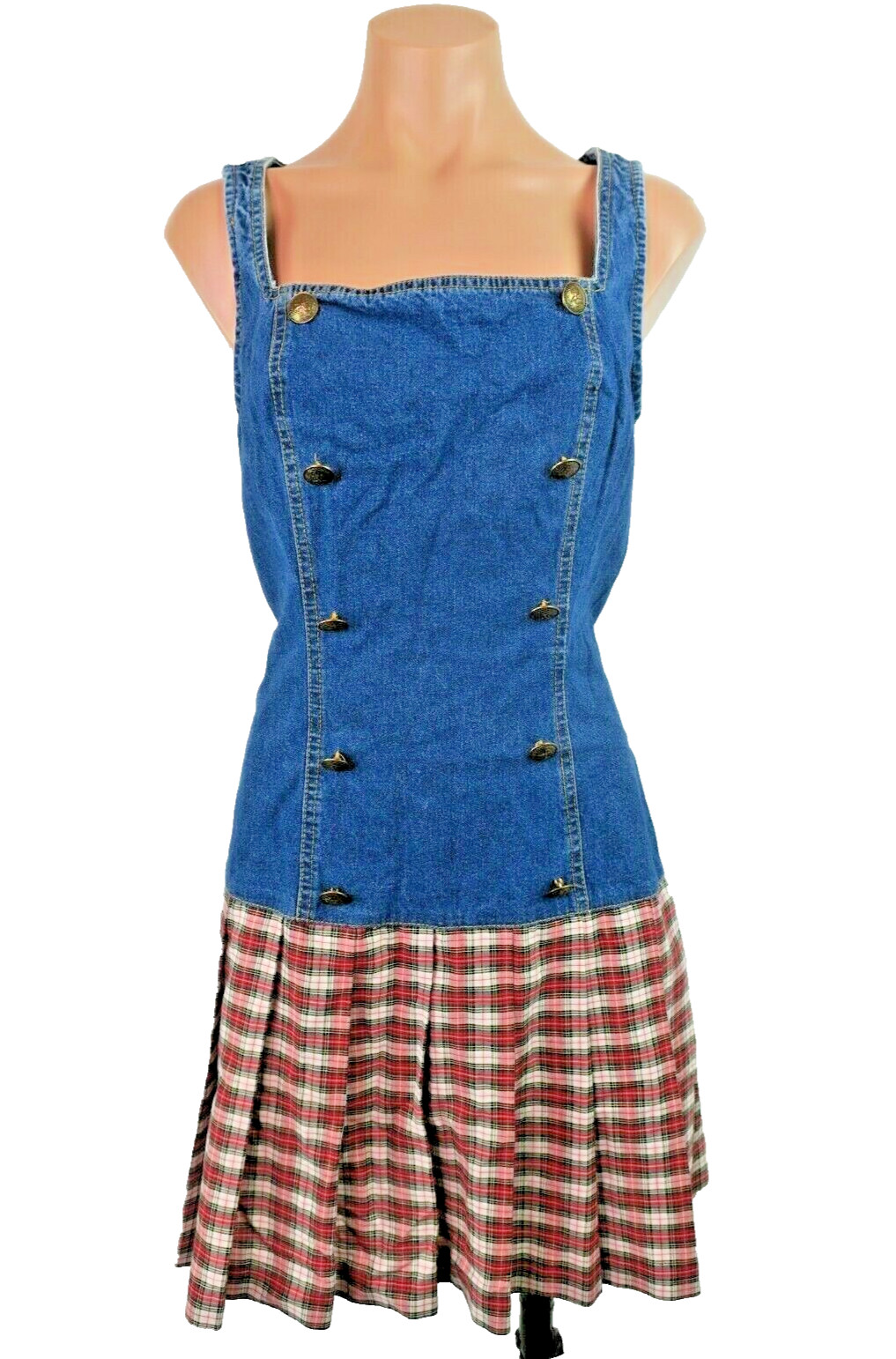 Plaid Pleated Rockabilly Grunge Dress y2k VTG 90s Paris Blues Denim Drop Waist