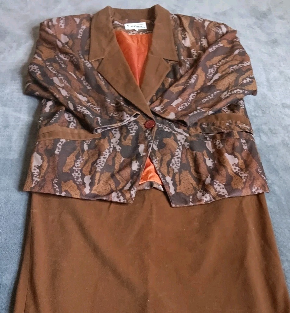 Vintage Lee Camo Tree Bark 2 Piece Jacket Skirt Suit Set Brown Velvety Artsy
