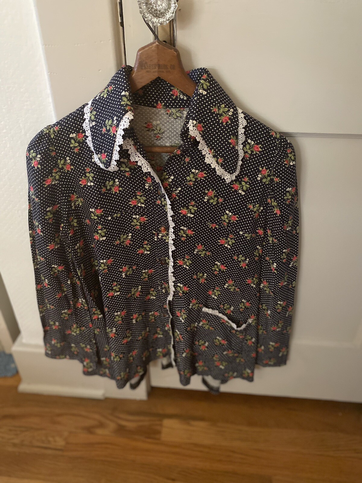 Vtg 70’s Liberty of London Black Polka Dot Rose Blouse W/ Agate Buttons