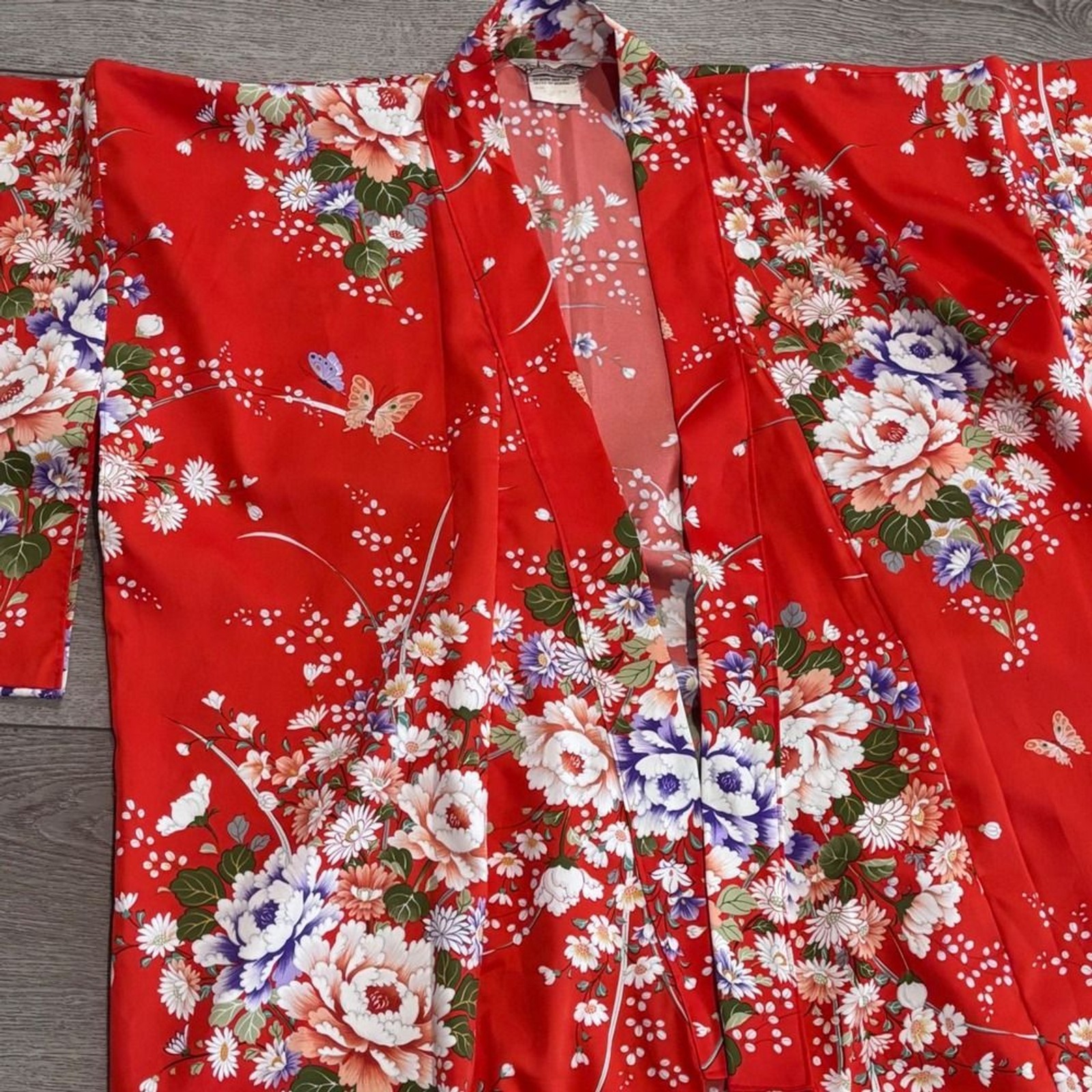Vintage Made in Japan Red Floral Kimono Robe Butterfly Peony Long Dressing Gown